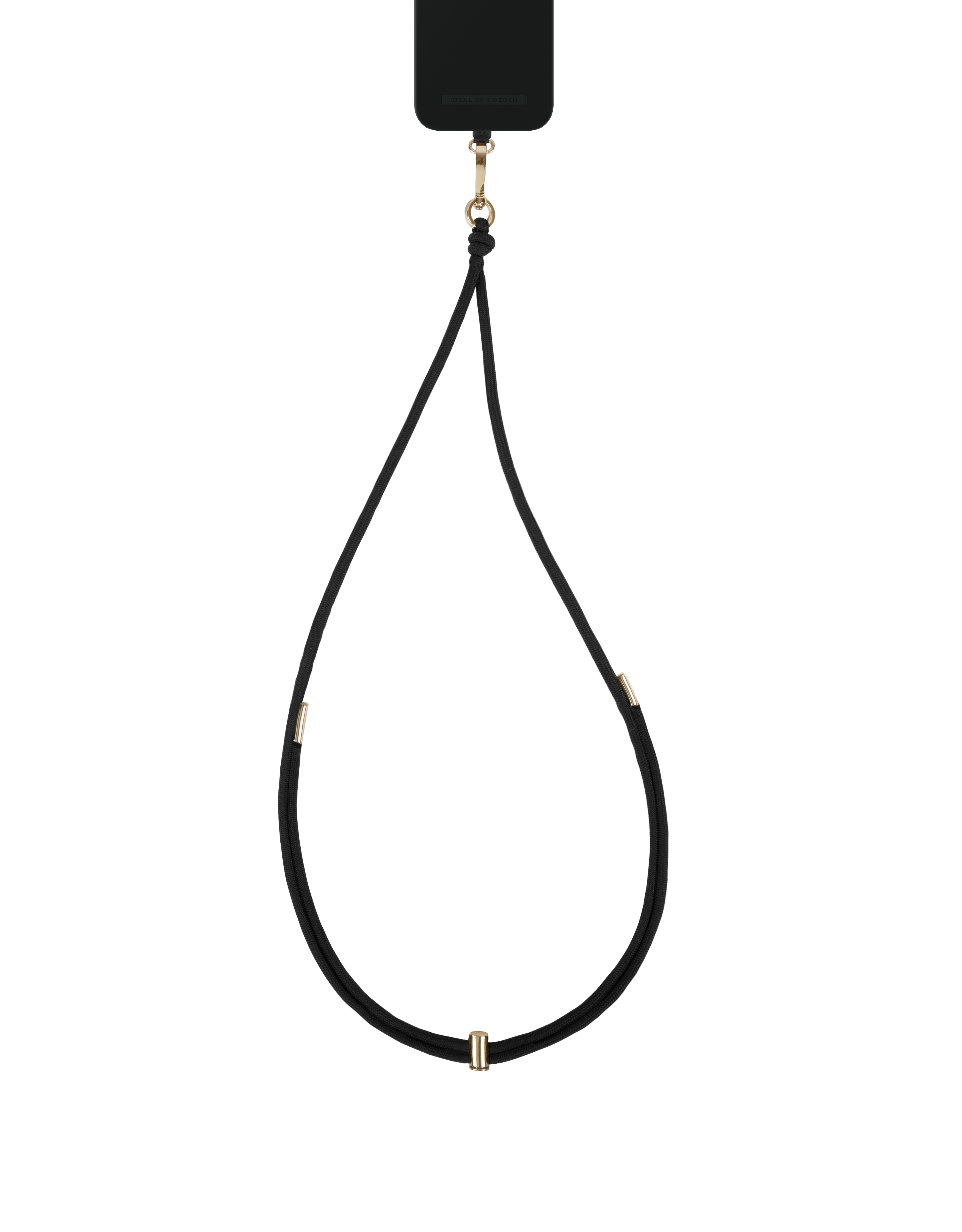 Eine schwarze Handyhülle mit schwarzem Seil. Das Seil hat goldene Details und der Hintergrund ist schwarz.