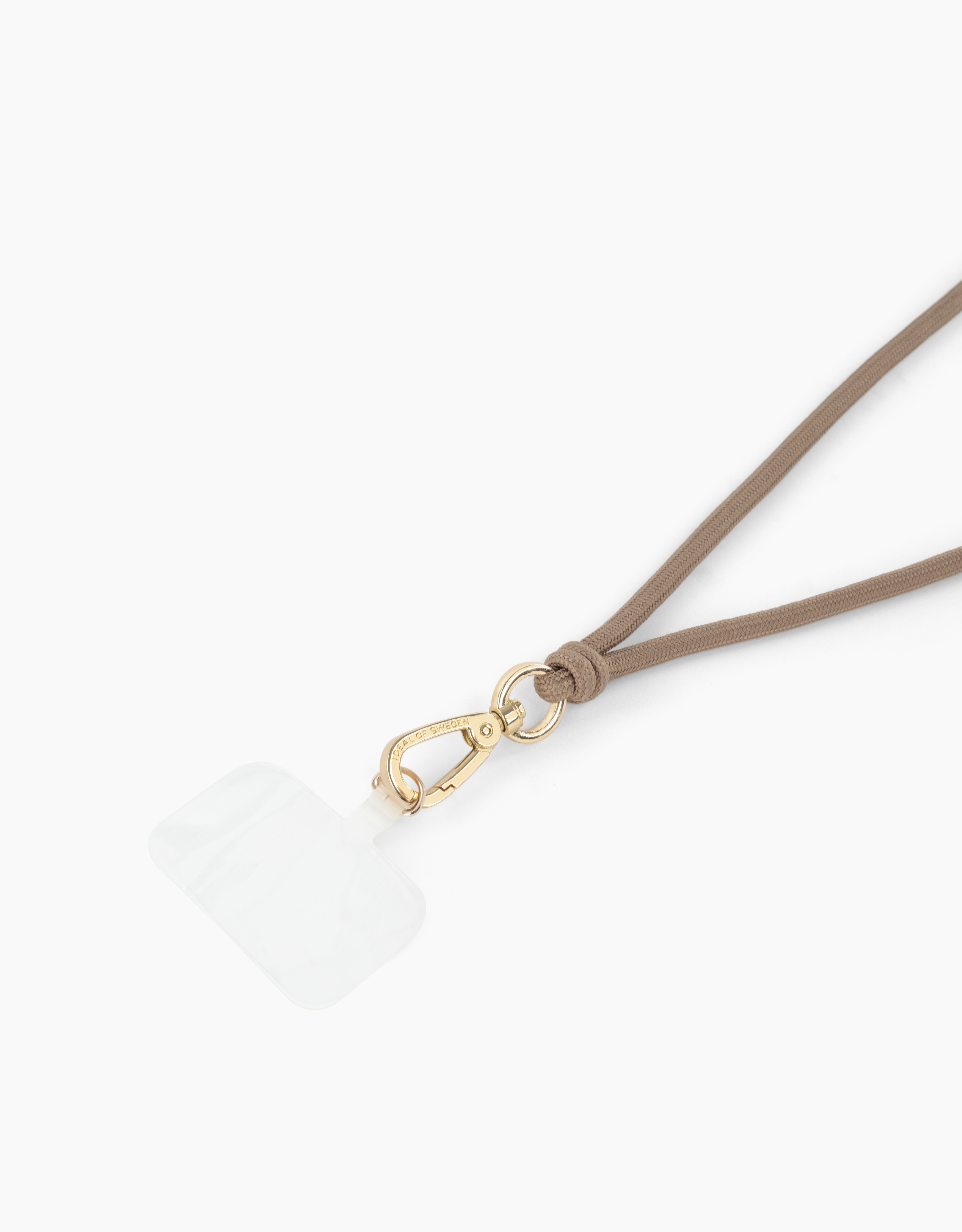 Beiges Telefon-Lanyard mit goldenem Verschluss und klarer Handyhülle auf weißem Hintergrund.