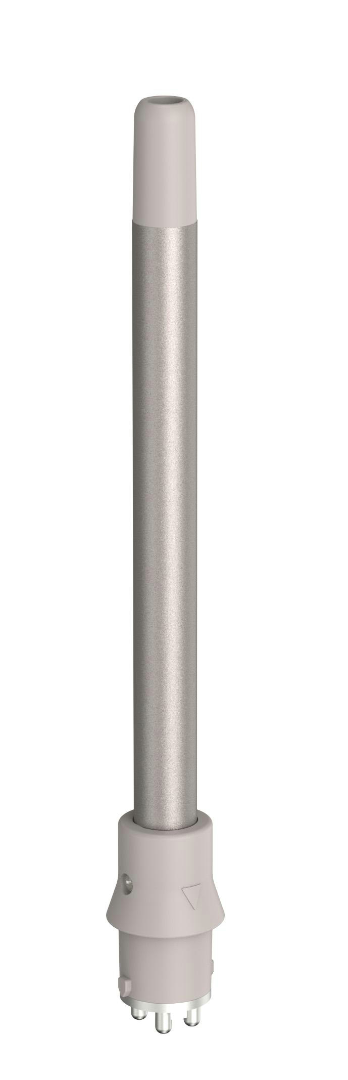 Eine silberne Stange mit abgerundeter Spitze und hellgrauem Sockel, alles vor weißem Hintergrund.