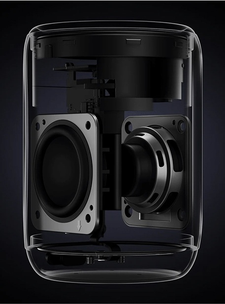 Przekrój czarnego głośnika. Pokazuje wewnętrzne komponenty, takie jak głośniki i elektronika w przezroczystej obudowie.