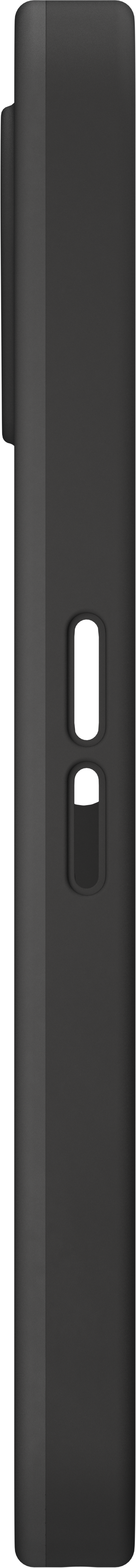 Un dispositivo rettangolare grigio scuro con due aperture rettangolari incassate. Il dispositivo ha bordi arrotondati.