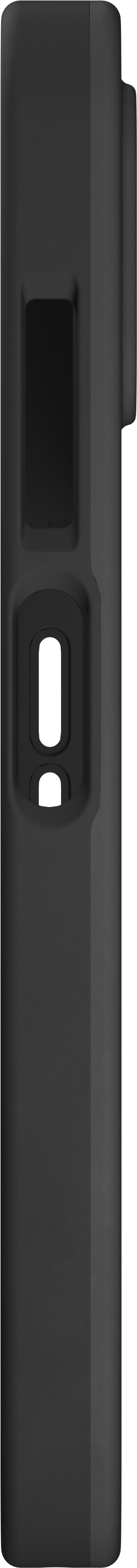 Primo piano di una custodia nera per telefono. Presenta fori per fotocamera e pulsanti.