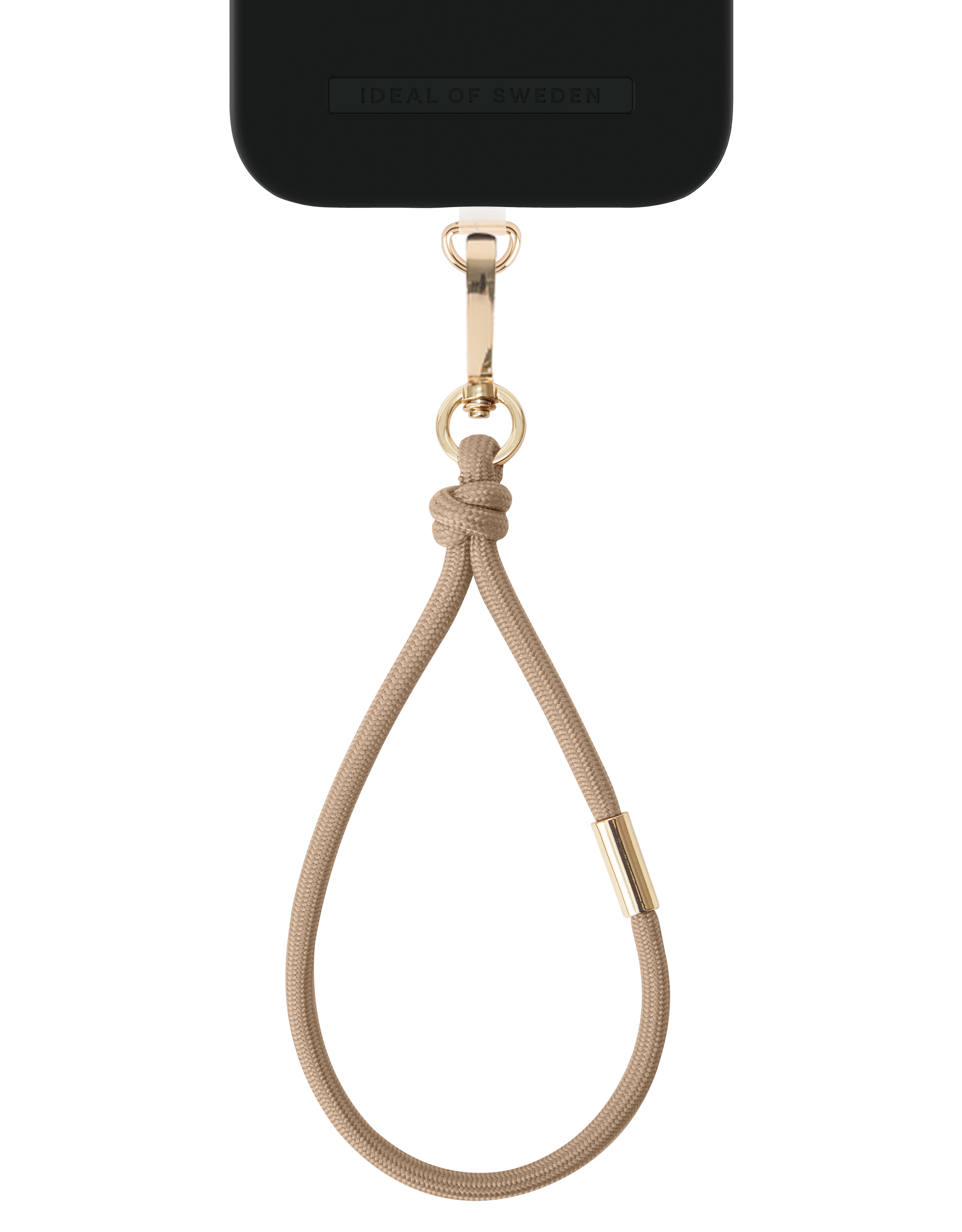 Eine schwarze Handyhülle mit einem goldenen Verschluss und einem beigefarbenen Seil. Auf der Handyhülle steht die Marke Ideal of Sweden.