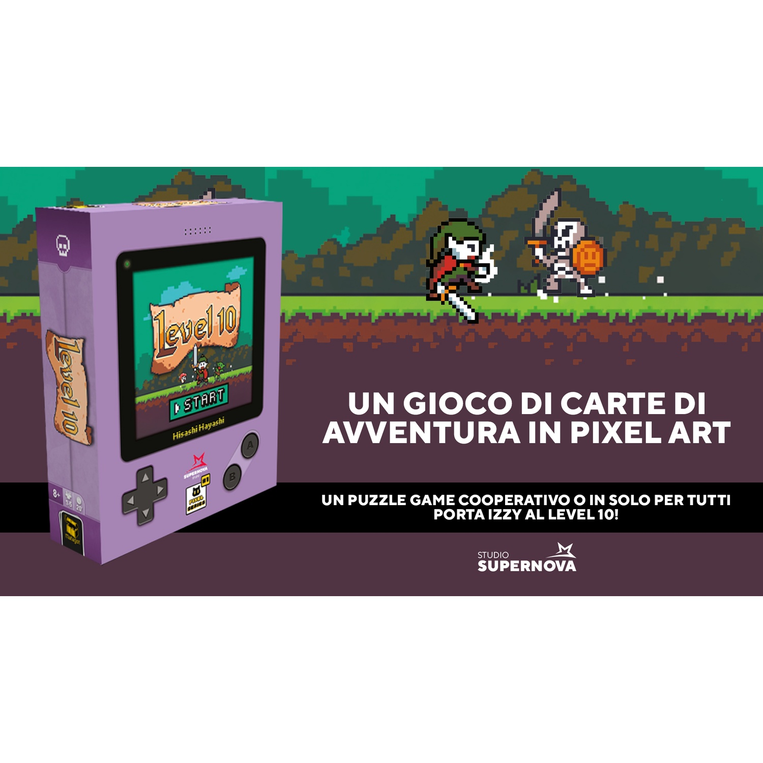 Viene mostrata una scatola di gioco viola Level 10. Una scena pixelata mostra un personaggio che combatte contro uno scheletro. Testo: Gioco di carte d'avventura in pixel art.