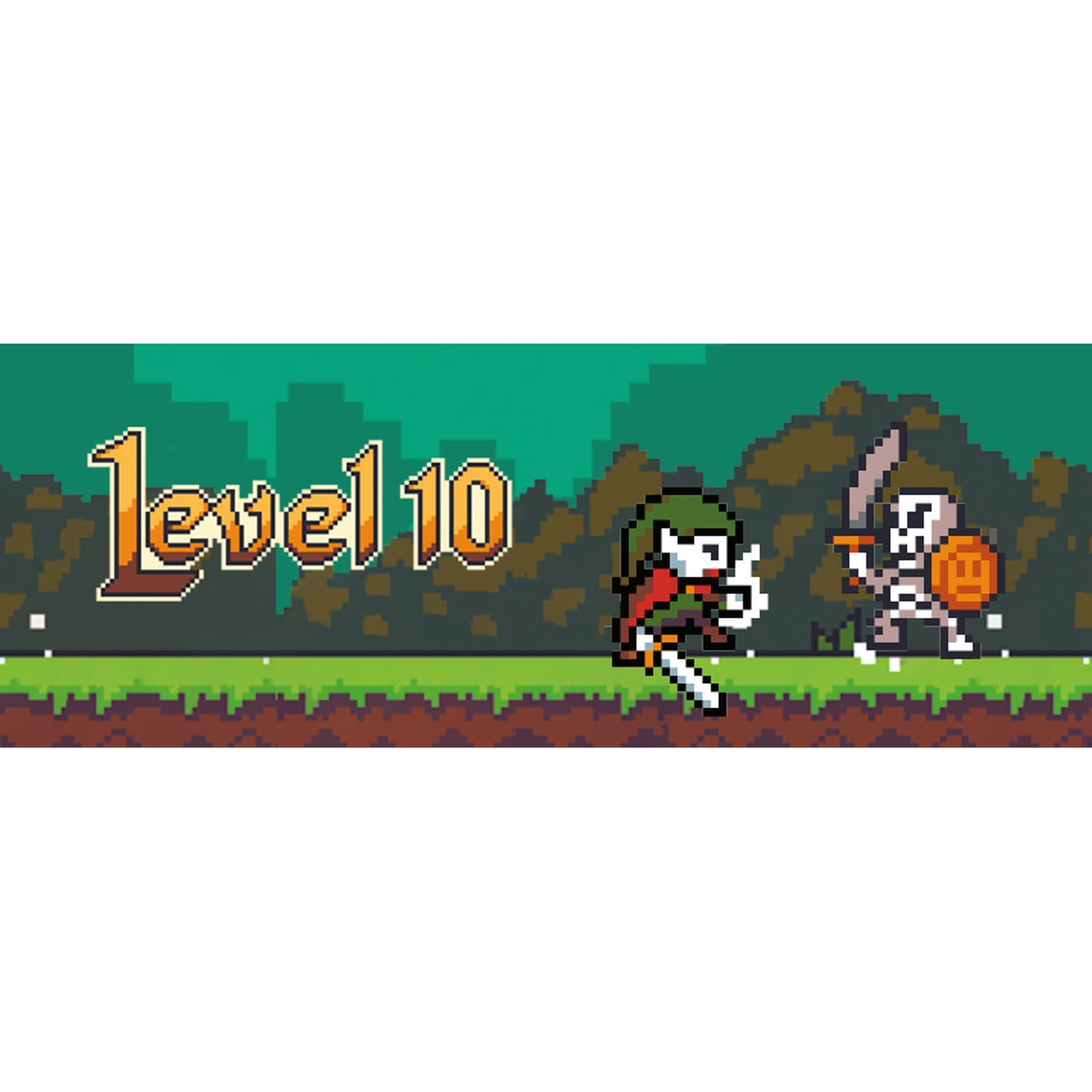 Scena di gioco pixelata. Un personaggio con una spada affronta uno scheletro con spada e scudo. Testo Livello 10 in alto.