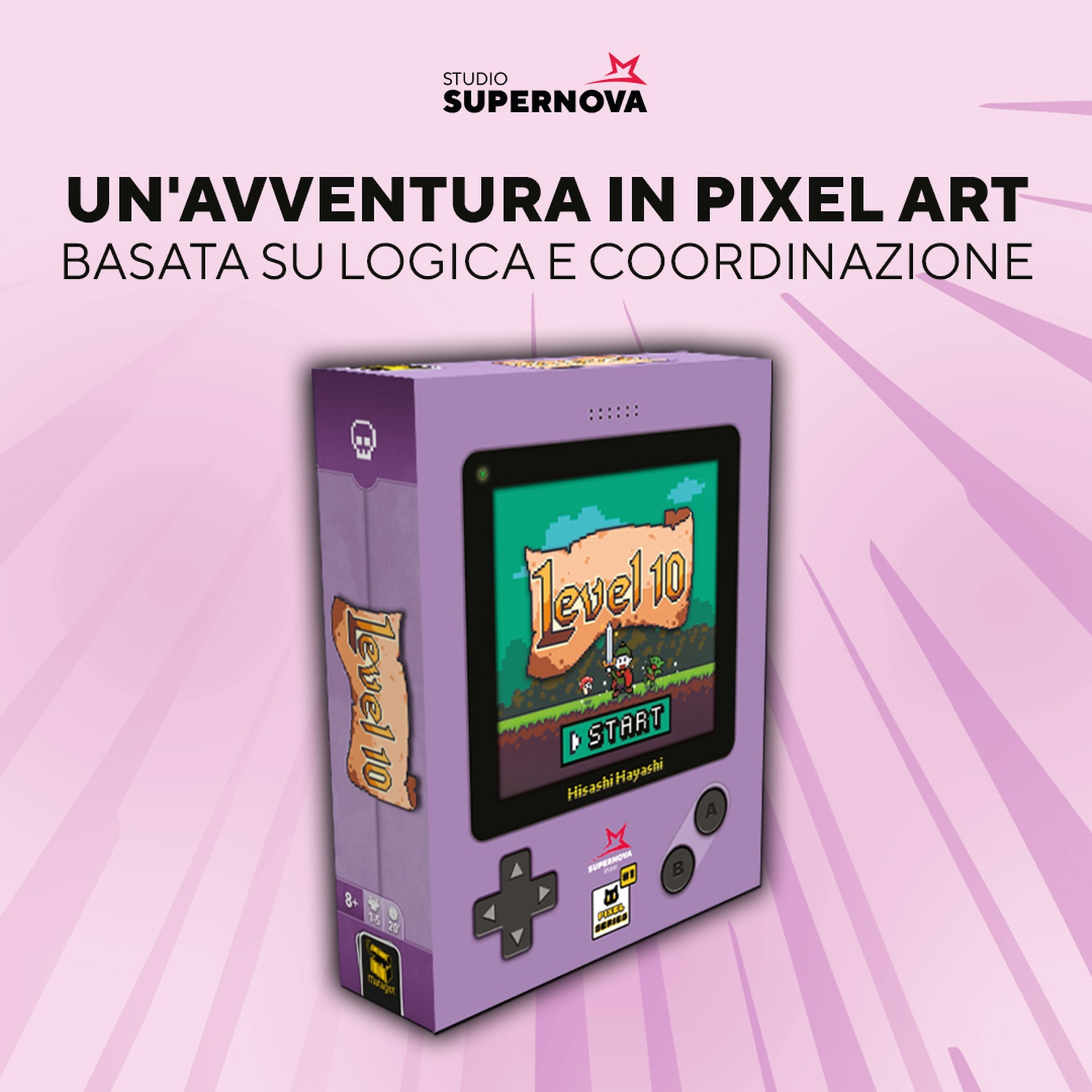 Una scatola viola a forma di console portatile presenta 'Level 10'. Lo schermo mostra pixel art. Il testo dice: 'Un'avventura in pixel art'.