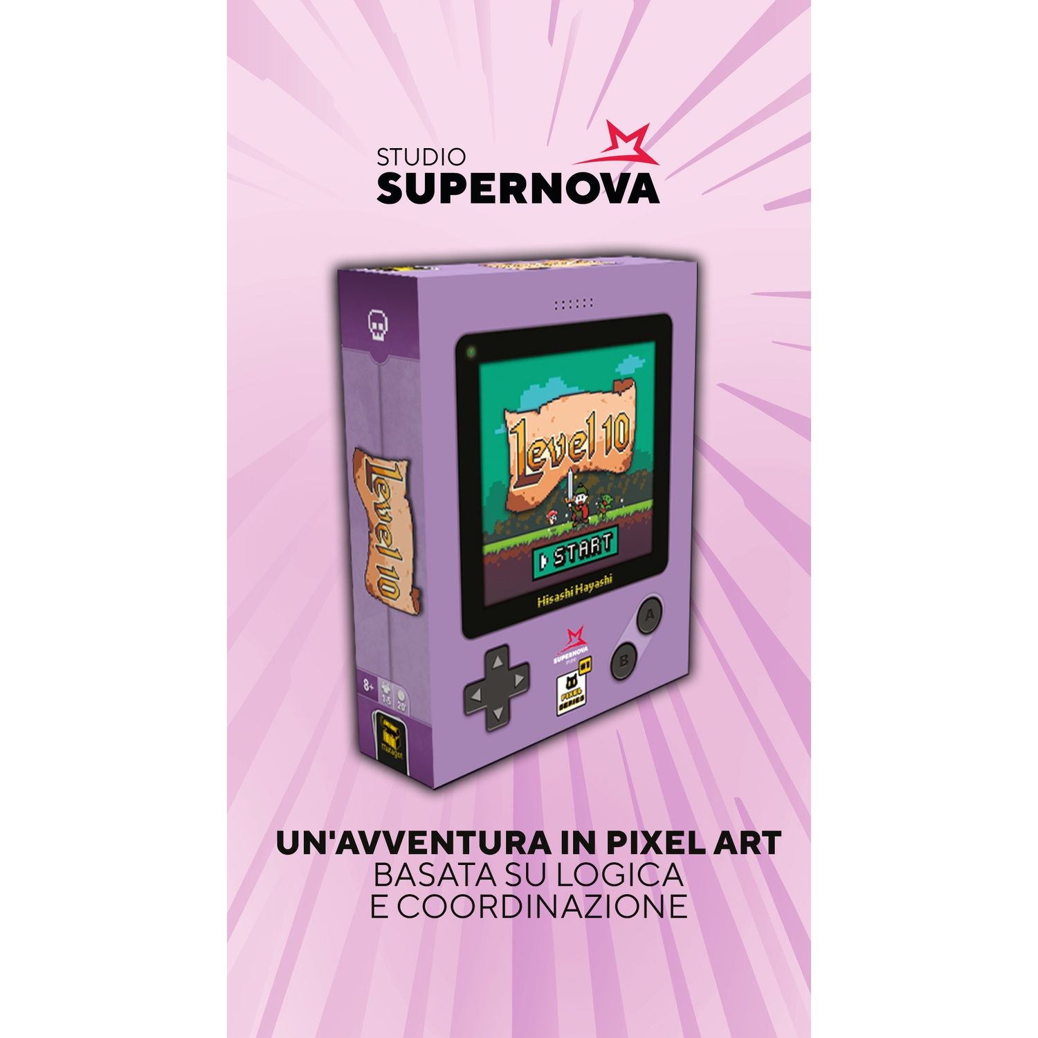 Una scatola di gioco viola Level 10 con uno schermo che mostra un gioco di pixel art. La scatola ha il logo Studio Supernova e testo in italiano.