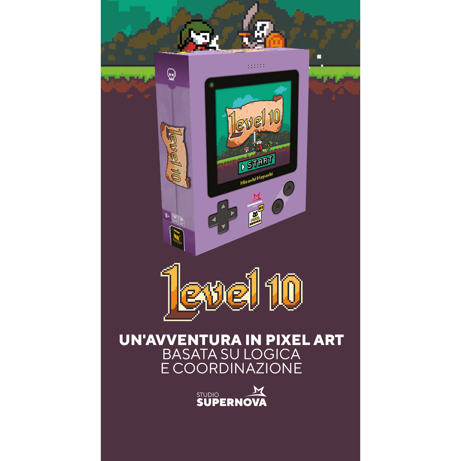 Una scatola di gioco Level 10 viola con uno schermo che mostra un gioco in pixel art. Sopra, personaggi pixelati. Il testo sottostante dice 'Un'avventura in pixel art'.