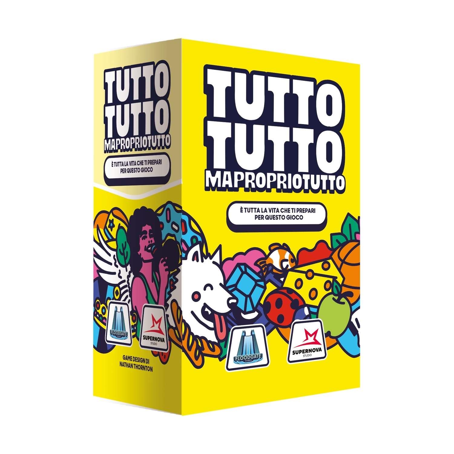 Scatola di gioco gialla con le parole 'TUTTO TUTTO' e 'MAPROPRIOTUTTO'. Illustrazioni includono una donna che canta, un cane e vari oggetti.