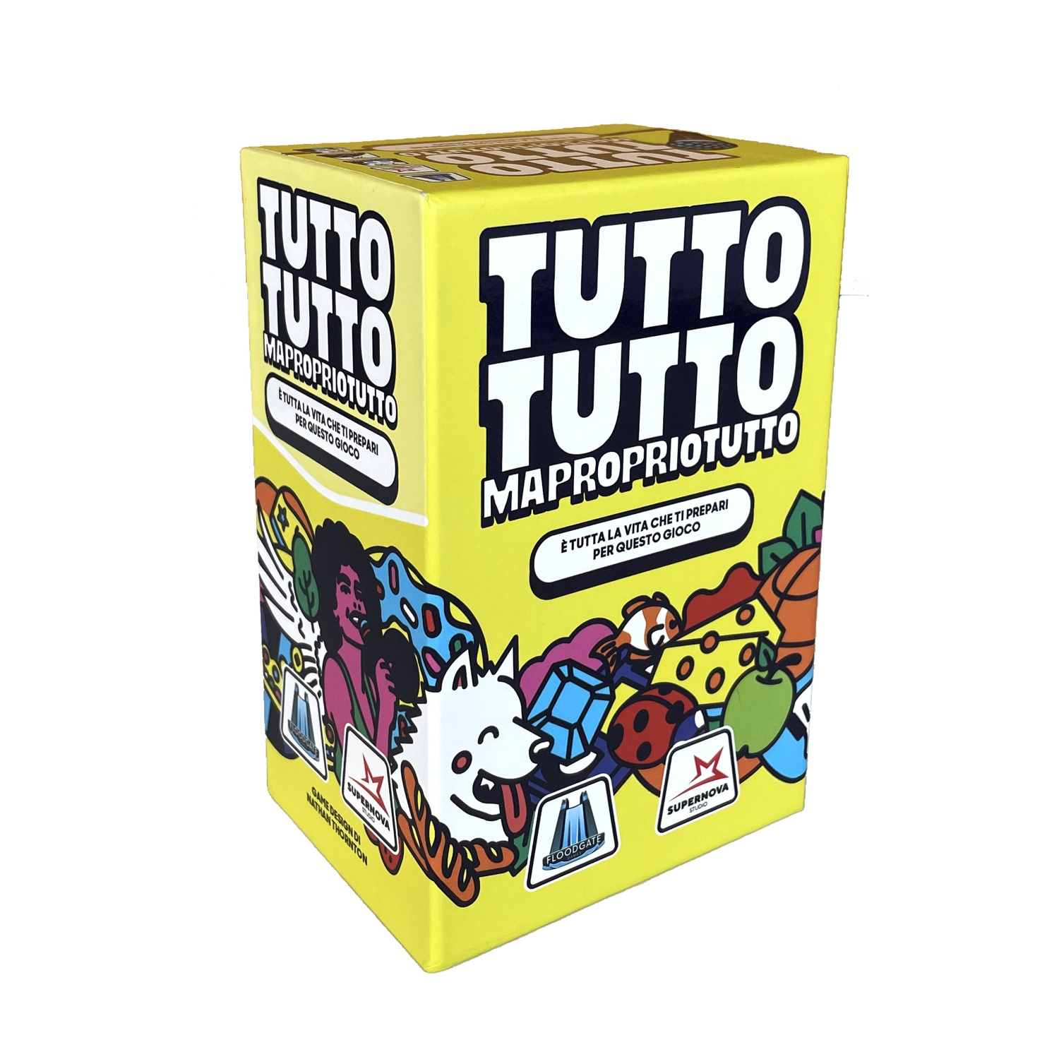 Scatola di gioco gialla con 'TUTTO TUTTO MAPROPRIOTUTTO' in bianco. Illustrazioni includono cane, persone e vari oggetti.