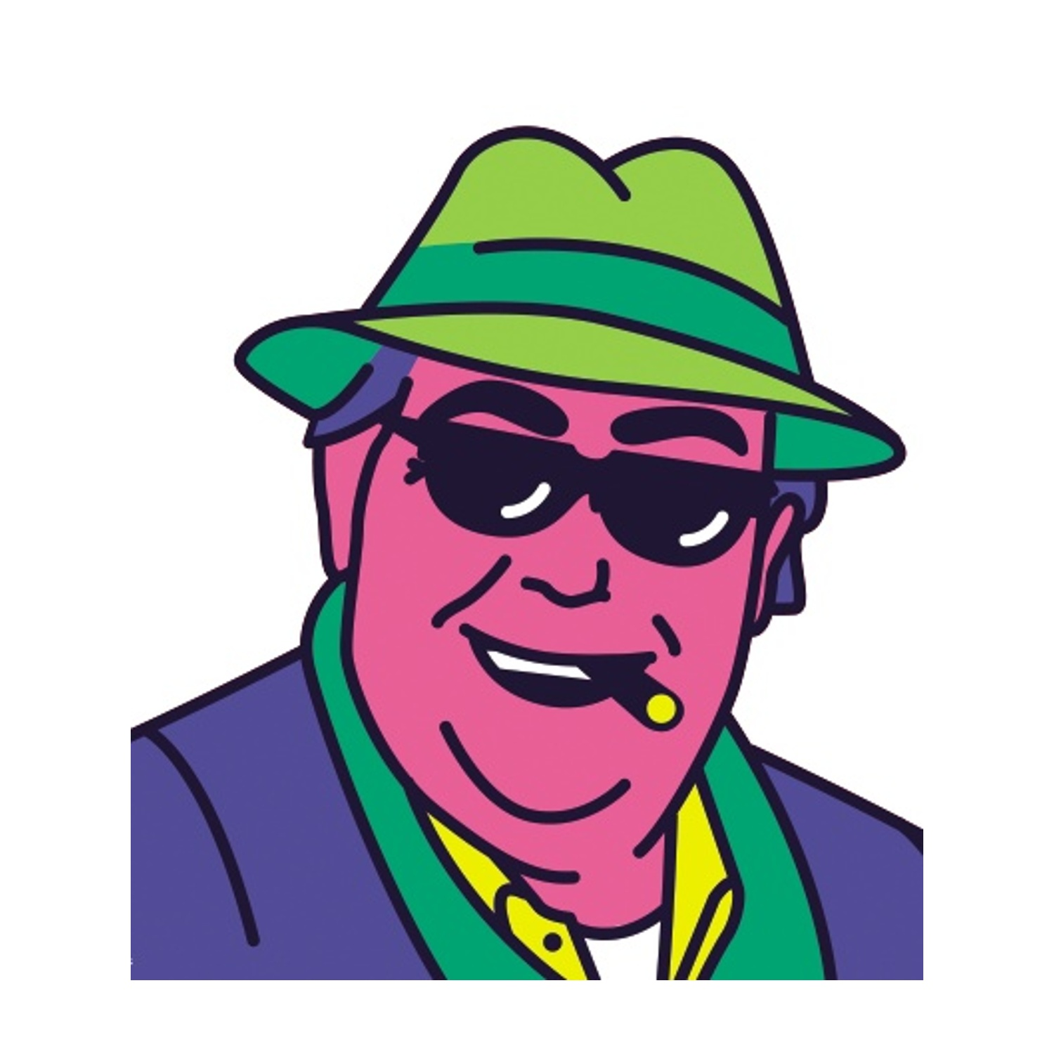 Uomo dei cartoni animati con occhiali da sole, cappello verde e completo viola, che fuma un sigaro. Viso rosa con camicia gialla.