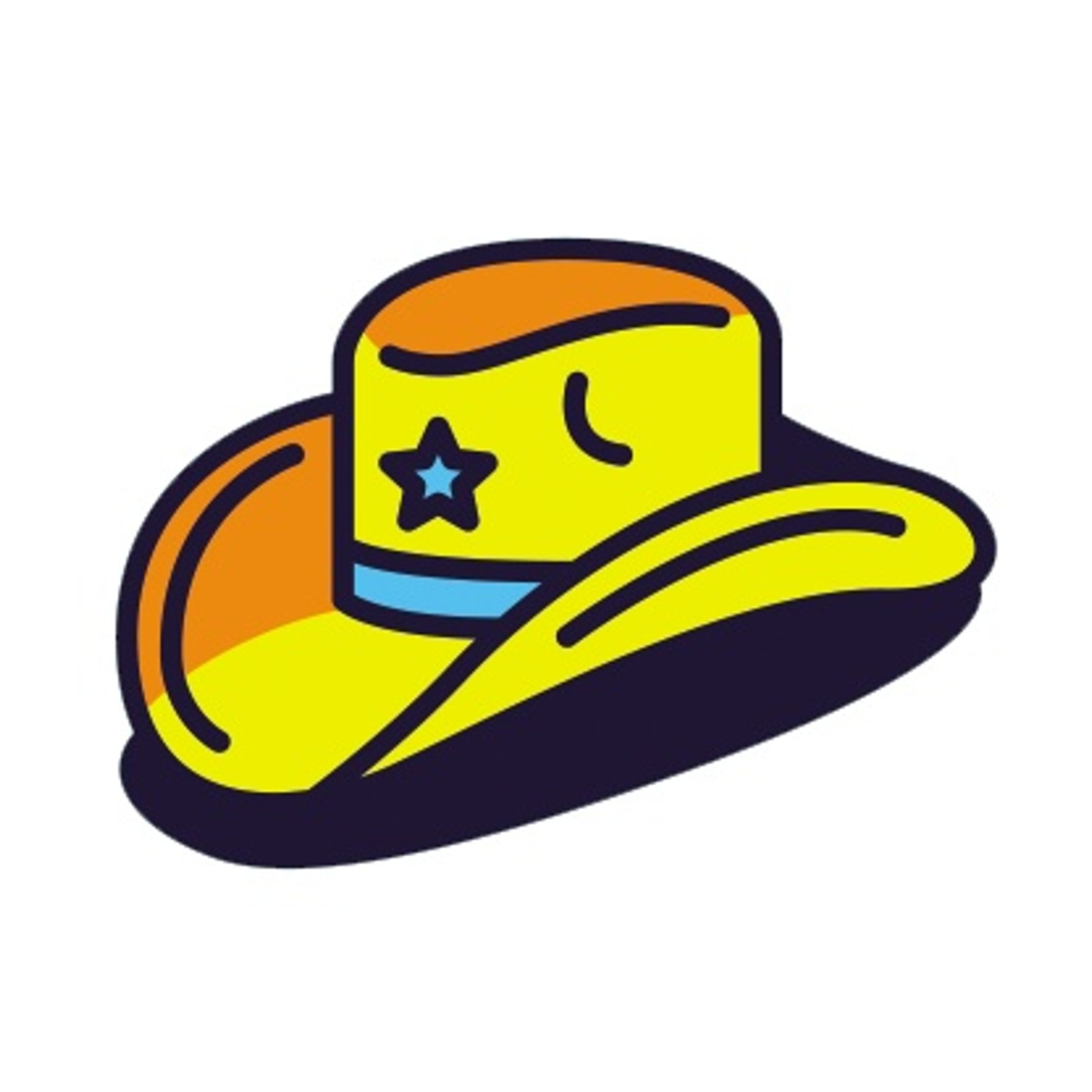 Un cappello da cowboy a cartoni animati con corona gialla, tesa arancione e stella blu. È delineato in nero su sfondo bianco.