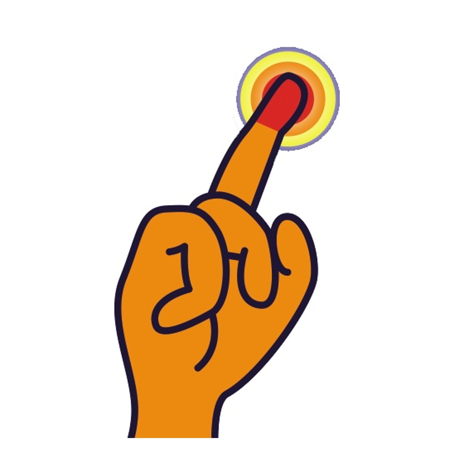 Una mano arancione con la punta del dito rossa che indica un cerchio giallo e rosso, suggerendo un tocco o una selezione.