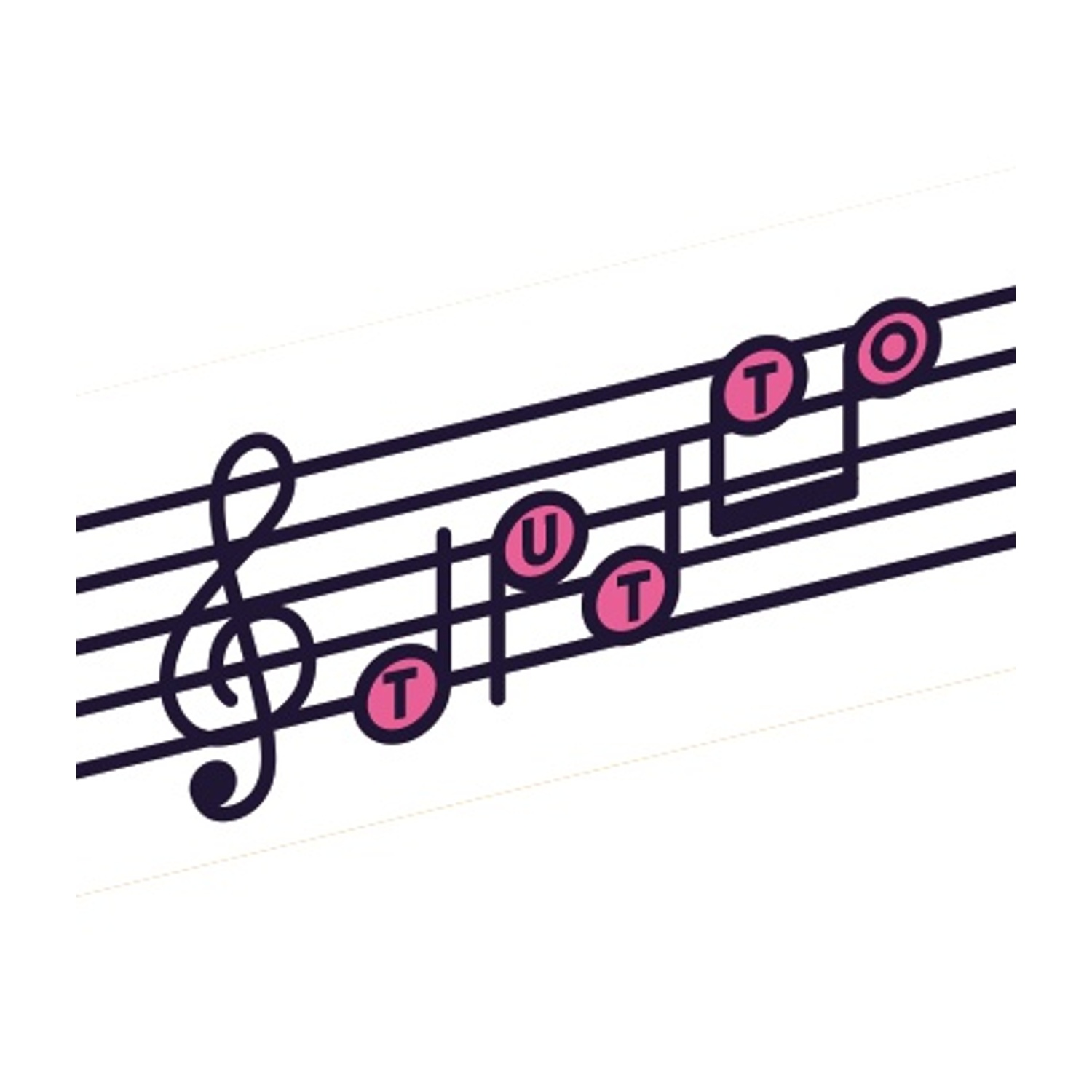 Rigo musicale con chiave di violino e note. Le note hanno cerchi rosa con le lettere T, U e O.