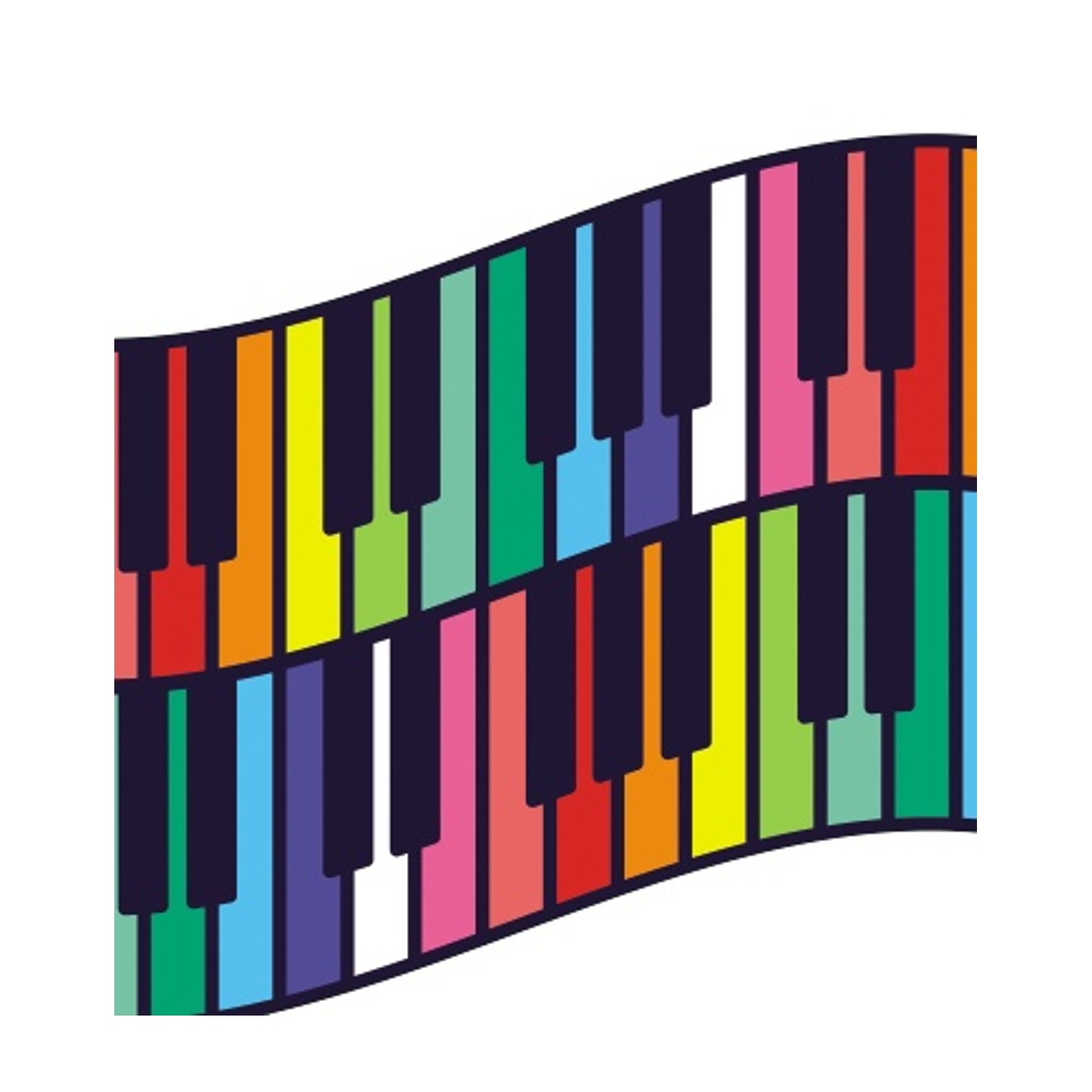 Una tastiera di pianoforte stilizzata con tasti dai colori arcobaleno. Il design è curvo e su sfondo bianco.