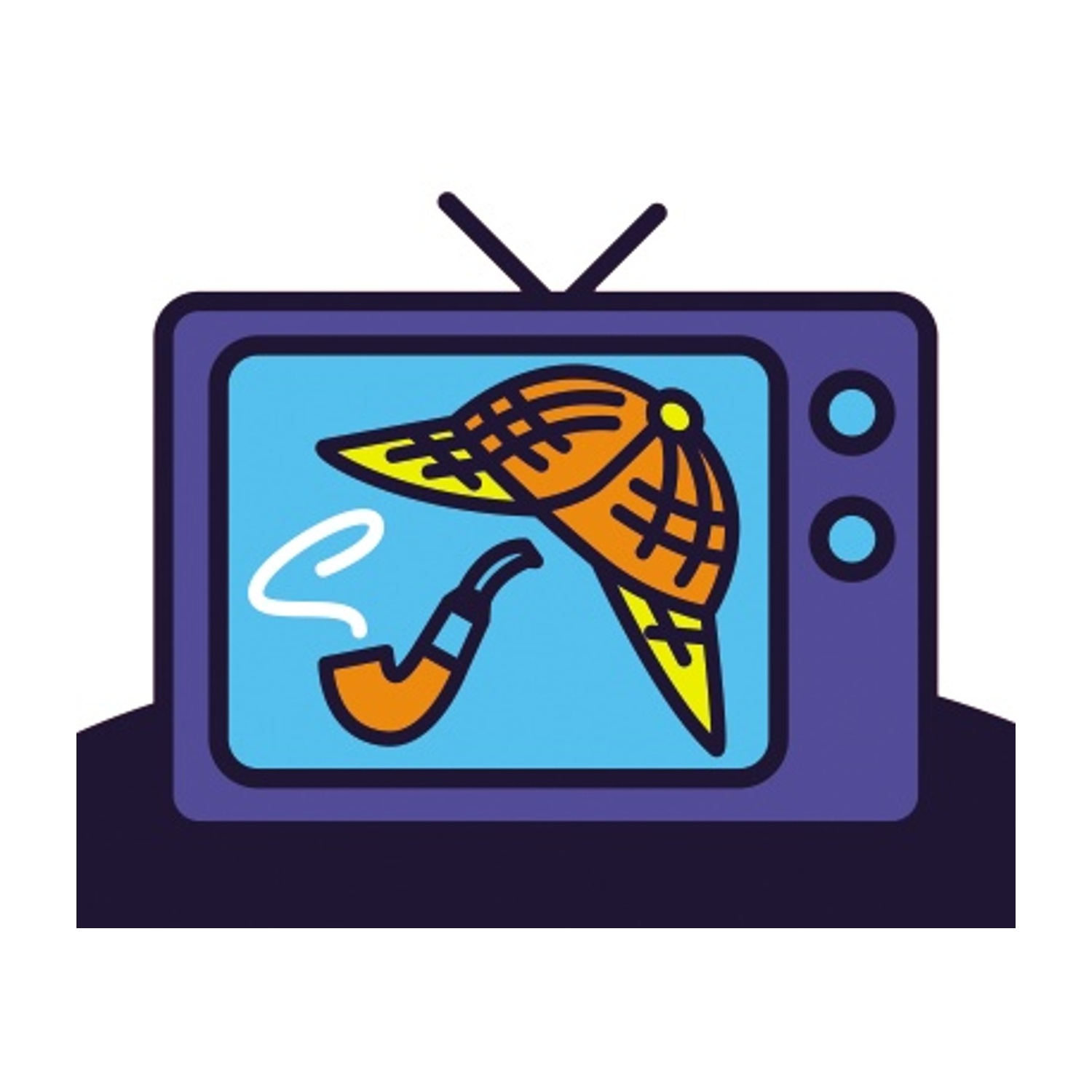 TV a cartoni animati mostra cappello da detective e pipa. La TV è viola con schermo blu.