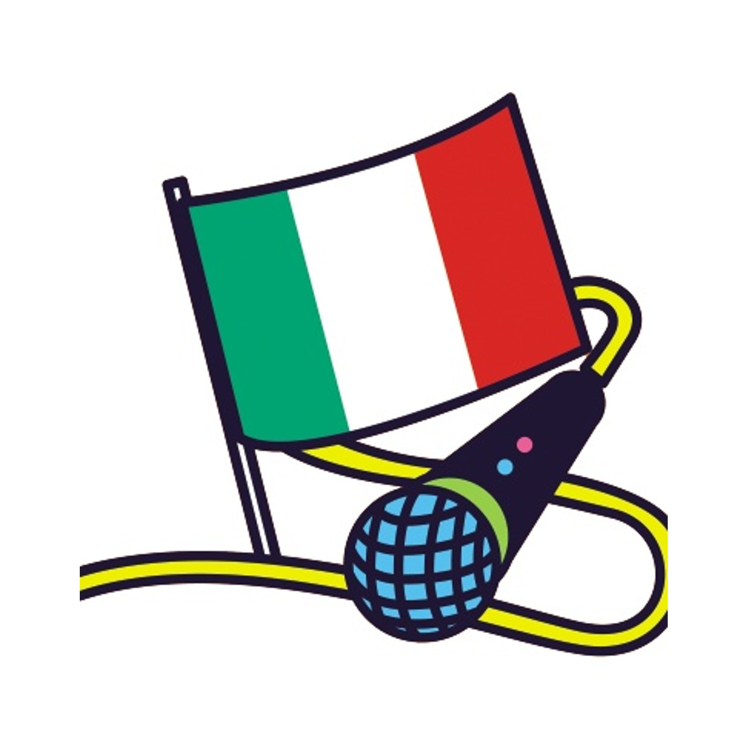 Icona con bandiera italiana e microfono. La bandiera ha strisce verdi, bianche e rosse. Il microfono è nero con una griglia blu.
