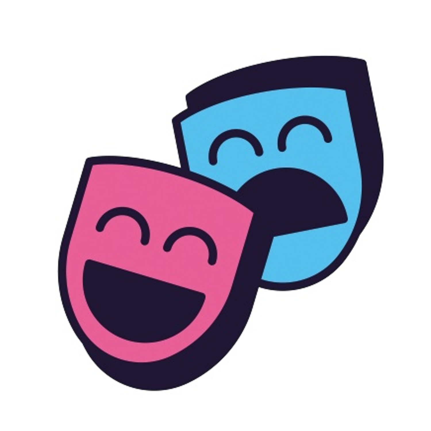 Due maschere teatrali stilizzate: una maschera rosa sorridente e una maschera blu piangente. Entrambe hanno contorni scuri e sono su sfondo bianco.