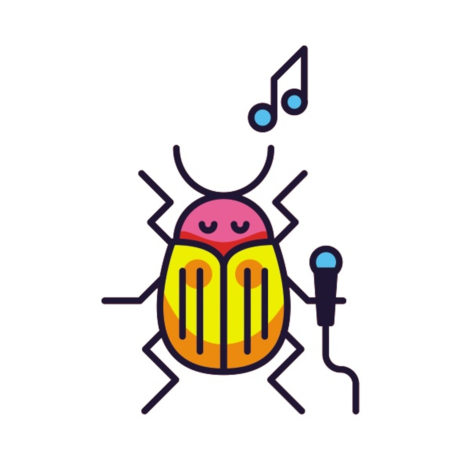 Scarafaggio dei cartoni animati con un microfono, che canta con una nota musicale sopra. Lo scarafaggio ha colori giallo, arancione e rosa.