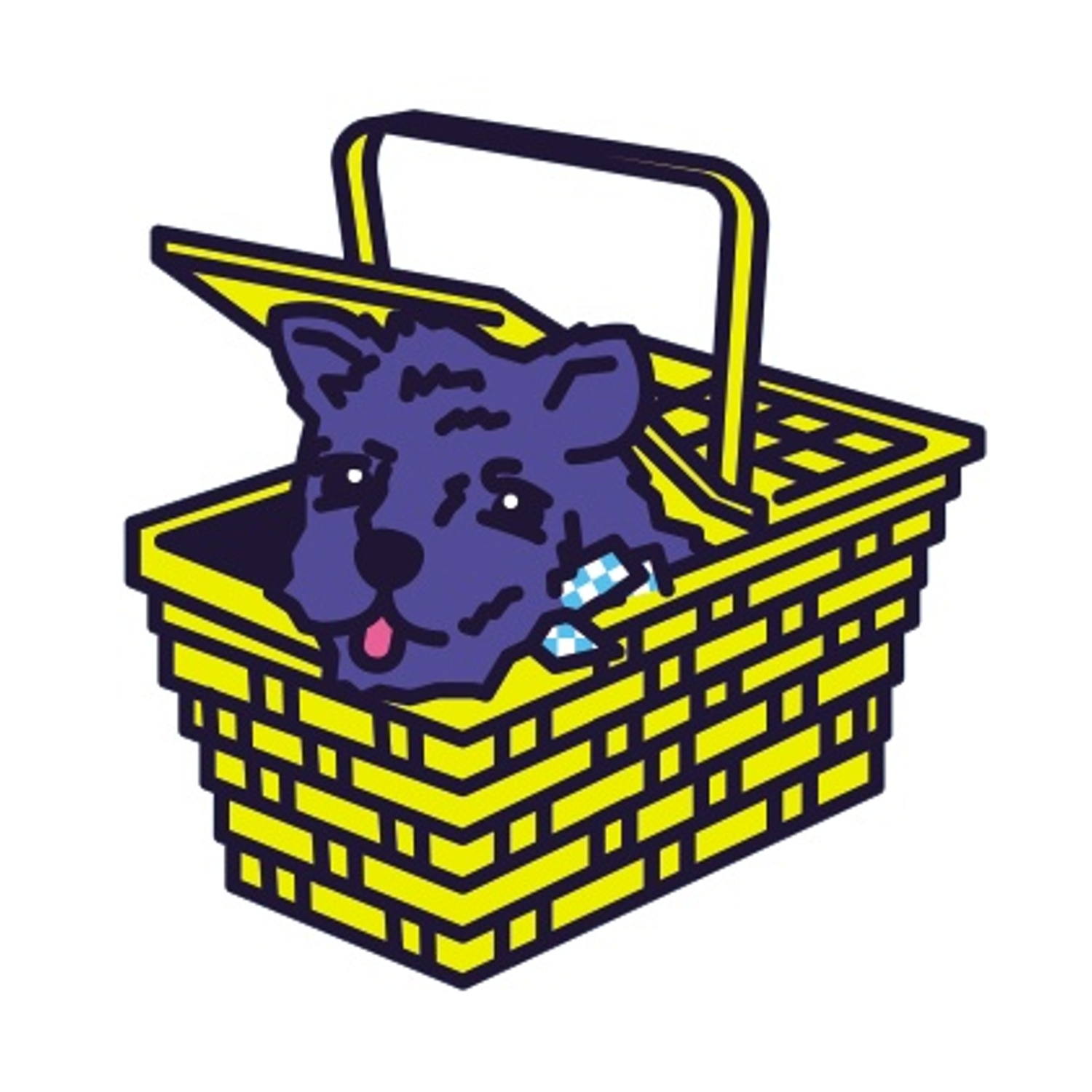 Un cane blu in un cestino da picnic giallo. La lingua del cane è fuori. Il cestino ha un manico. Sfondo bianco.
