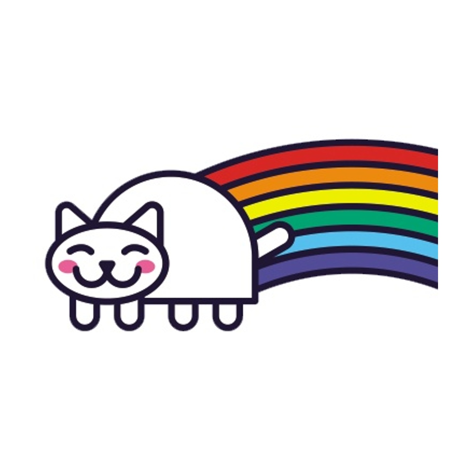 Un gatto bianco con la faccia sorridente è vicino a un arcobaleno. L'arcobaleno ha i colori rosso, arancione, giallo, verde, blu e viola.