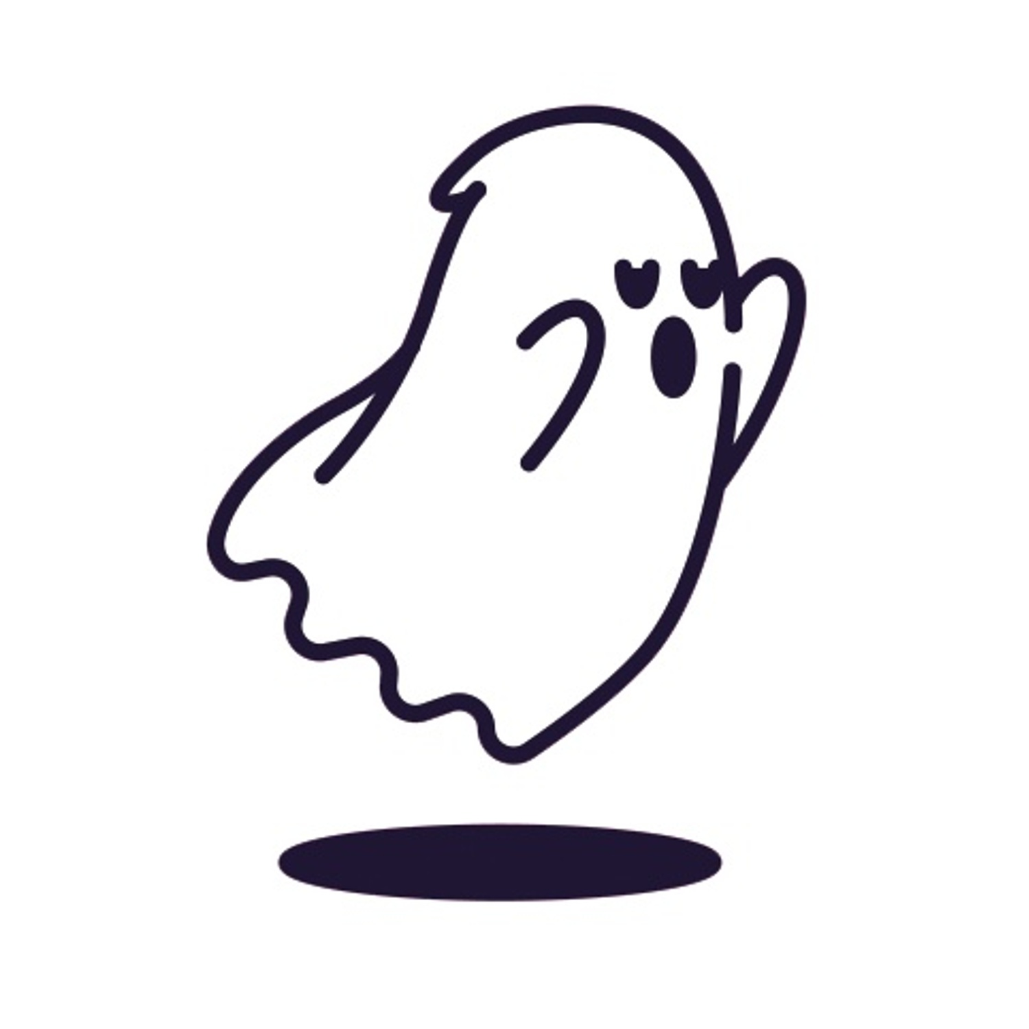 Un fantasma dei cartoni animati con espressione sorpresa, contorno scuro e un'ombra ovale scura sotto, su sfondo bianco.