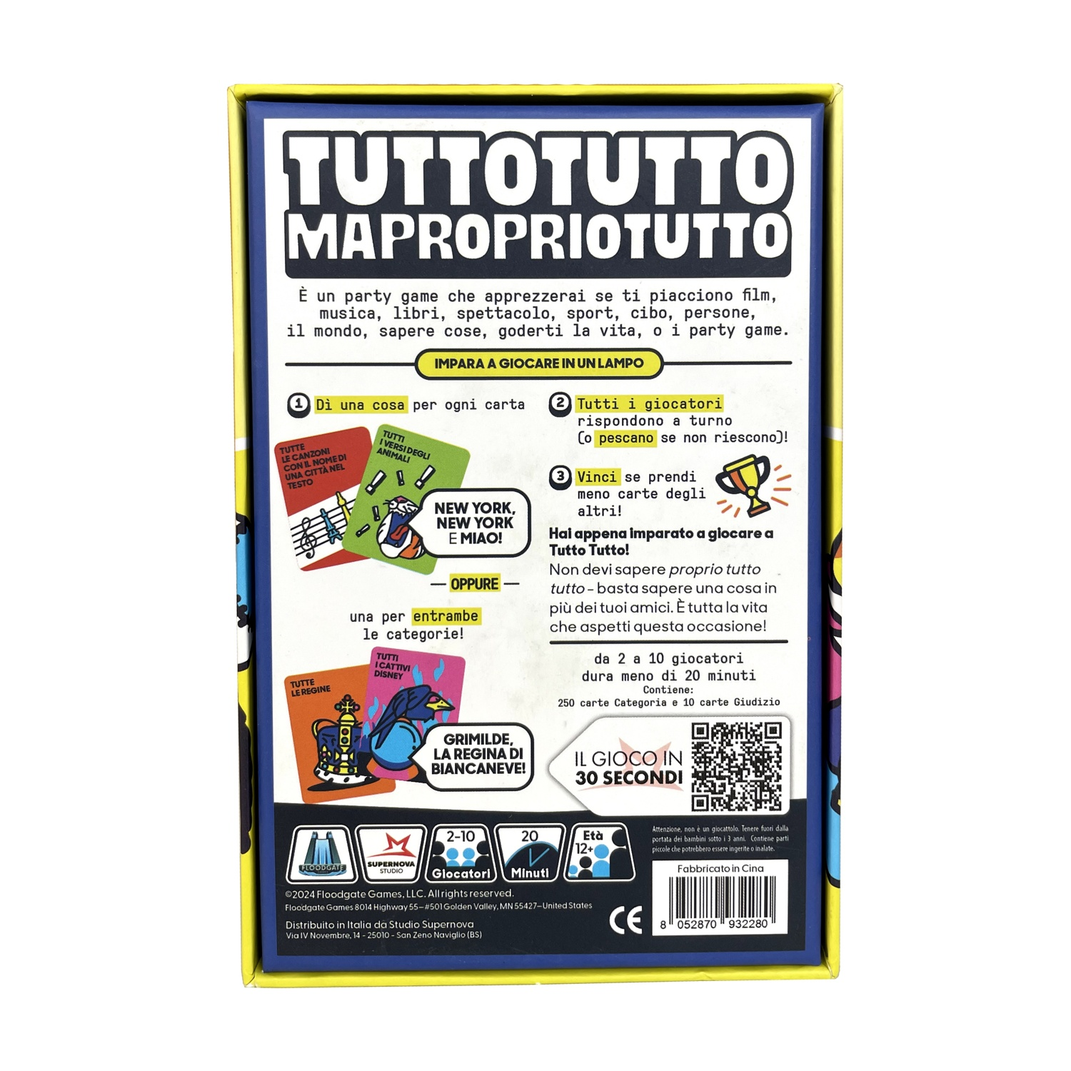 Una scatola di gioco con testo e illustrazioni. Il titolo è 'TUTTOTUTTO MAPROPRIOTUTTO'. Mostra istruzioni e grafica del gioco.