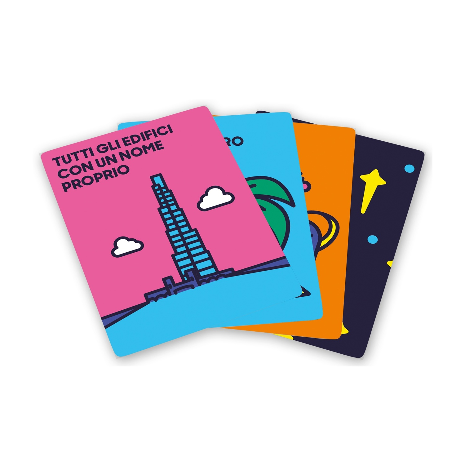 Quattro carte colorate con illustrazioni. La carta anteriore ha un disegno di grattacielo. Altre carte hanno una palma, un sole e delle stelle.