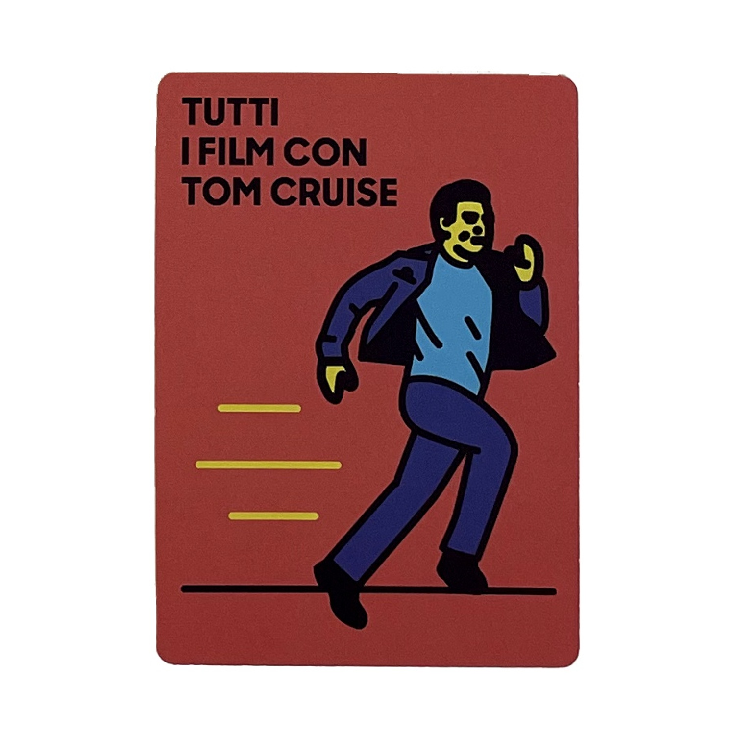 Poster: Una figura che corre con il testo 'Tutti i film con Tom Cruise' su sfondo rosso.