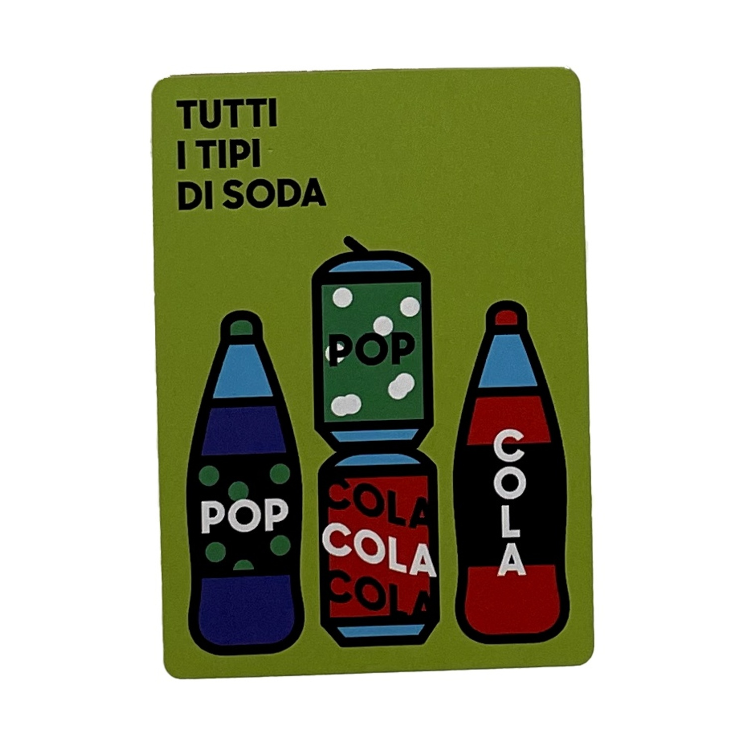 Una carta verde con tre bottiglie di soda di colori diversi. Il testo italiano dice: 'Tutti i tipi di soda'.