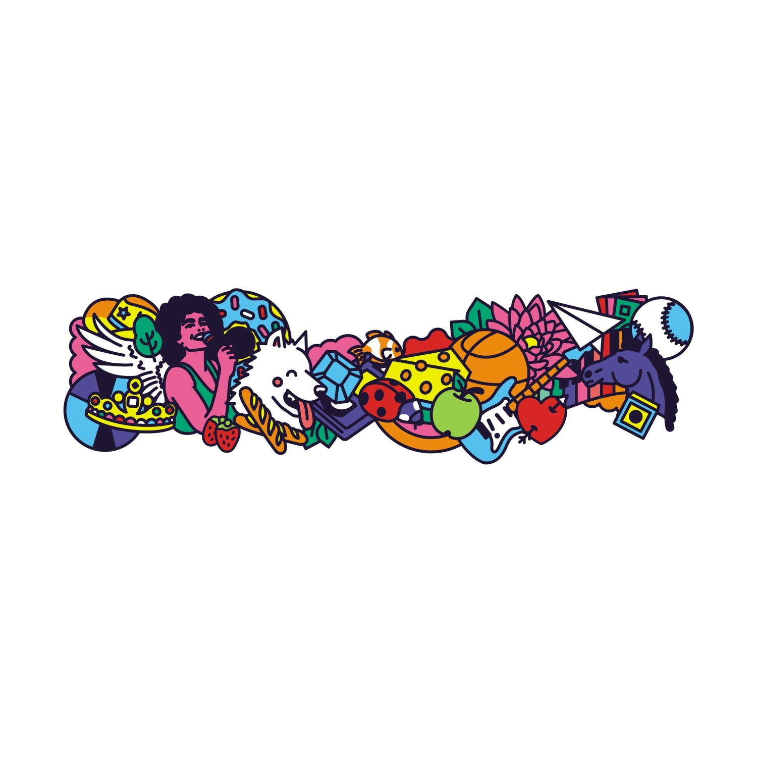 Un doodle colorato con una donna, un cane, generi alimentari e vari oggetti. Una corona, una ciambella e altri elementi sono mostrati in linea.