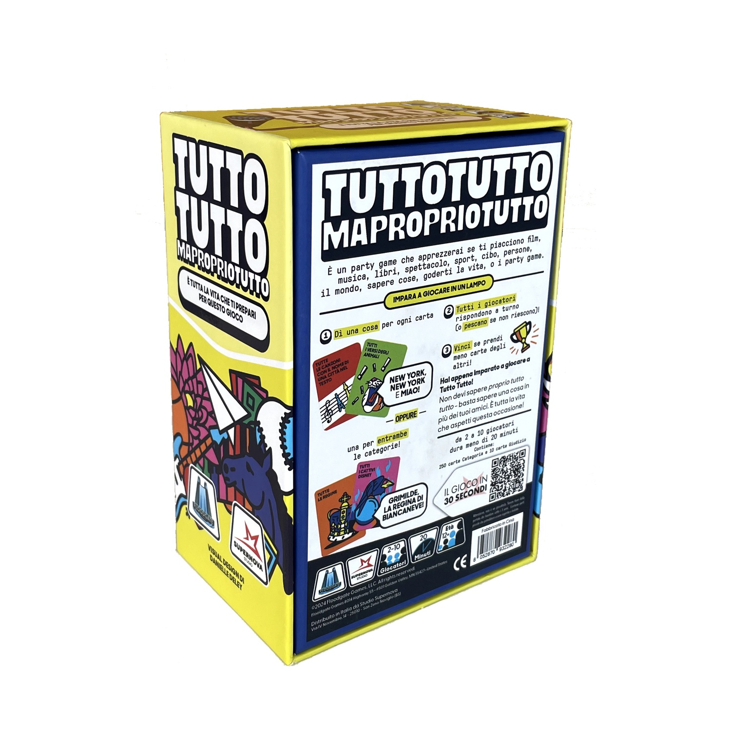 Una scatola di gioco con testo e immagini. Promuove un gioco di società. Il fronte mostra il nome del gioco, con illustrazioni di cartoni animati.