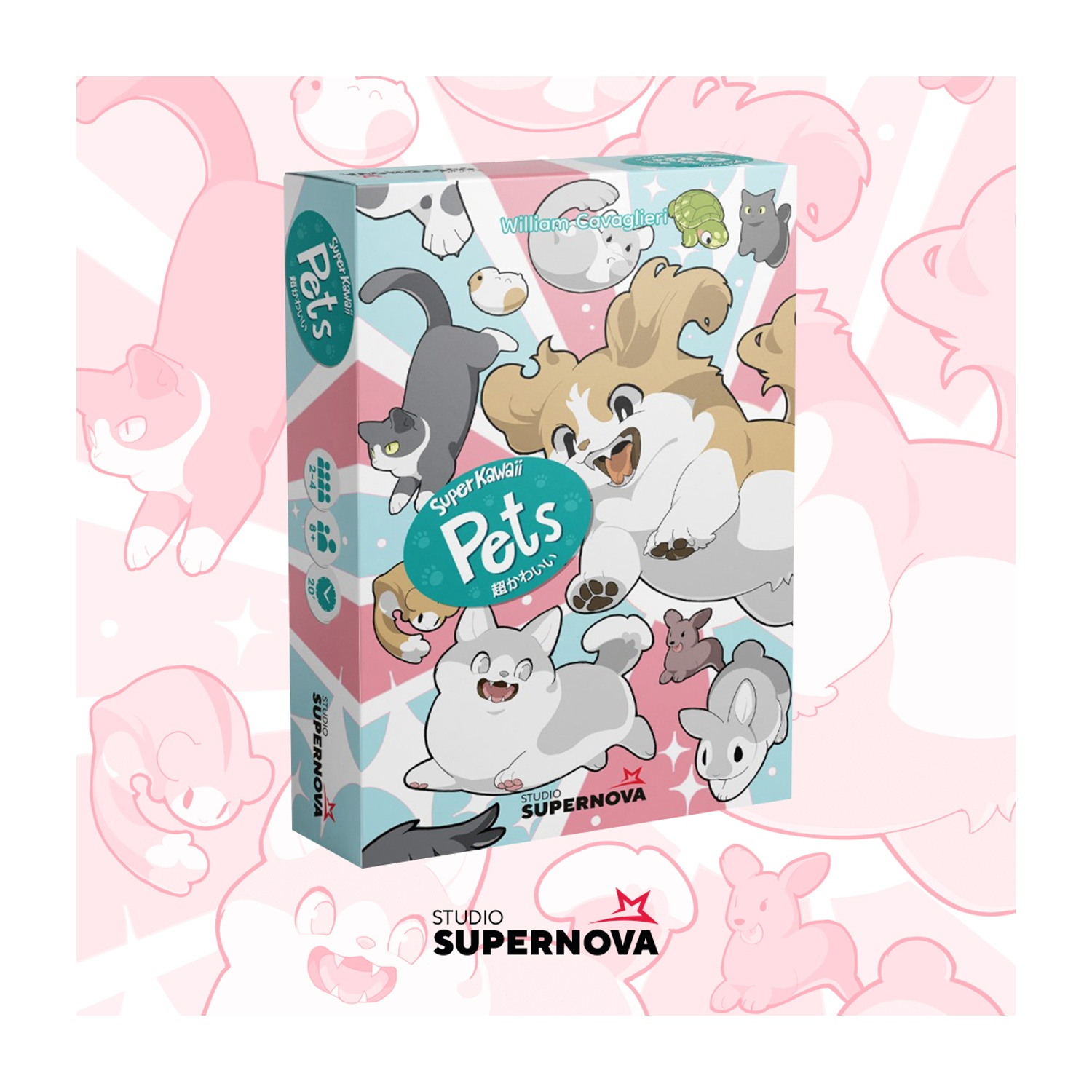 Una scatola del gioco 'Super Kawaii Pets'. La scatola mostra animali domestici dei cartoni animati come gatti, cani e conigli. Lo sfondo ha forme di gatti rosa.