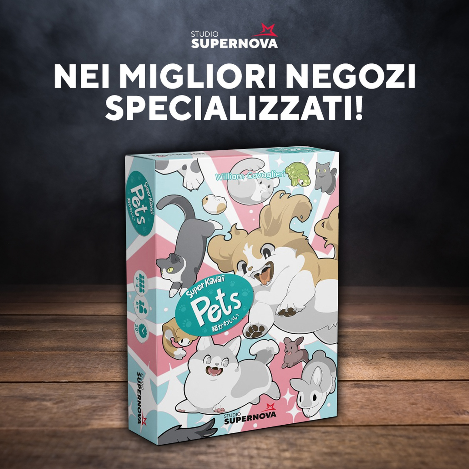 Illustrazione della scatola del gioco 'Super Kawaii Pets'. Mostra vari animali domestici dei cartoni animati su uno sfondo azzurro e rosa, con testo in alto.