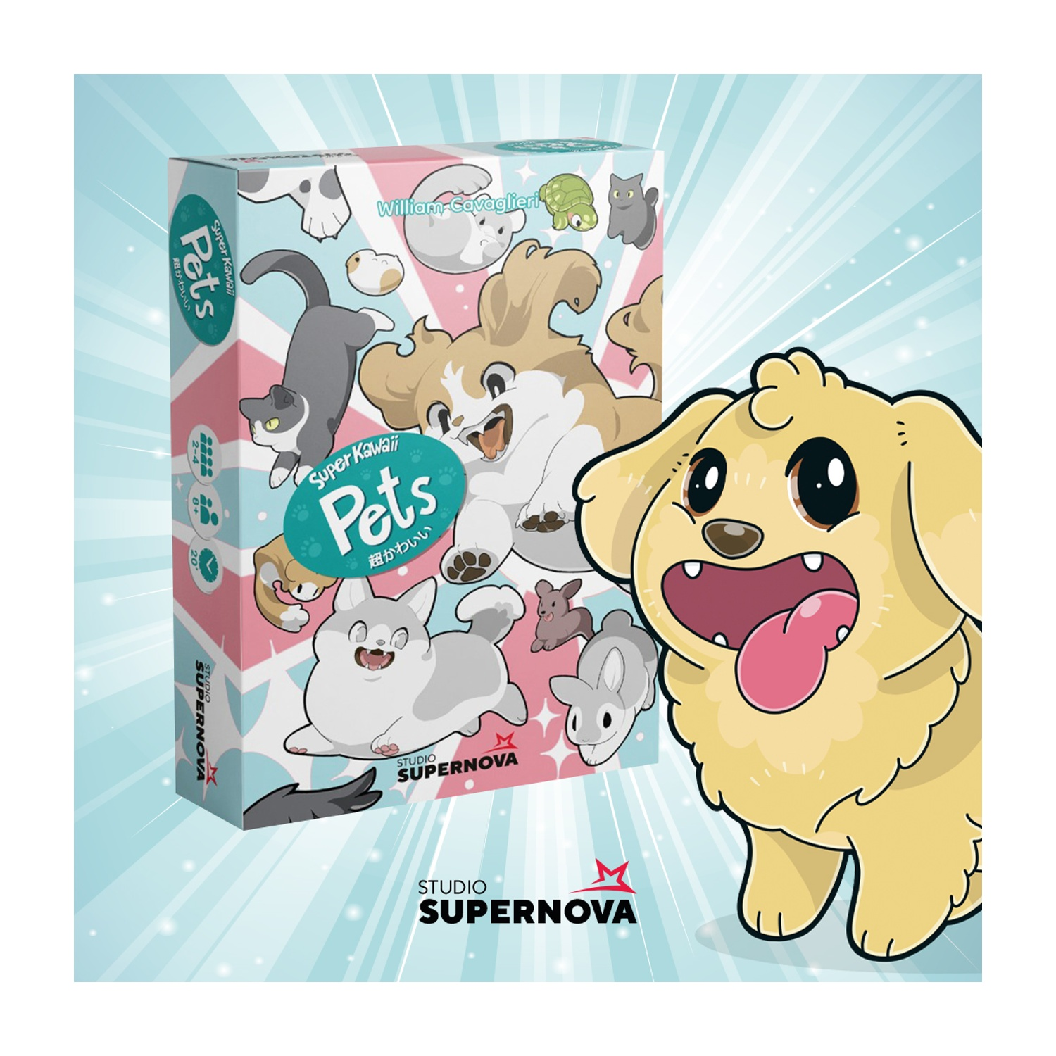 Una scatola di gioco in stile cartone animato intitolata 'Super Kawaii Pets' presenta varie illustrazioni di animali domestici, tra cui un cane, gatti e un coniglio. Un cane grande è in primo piano.