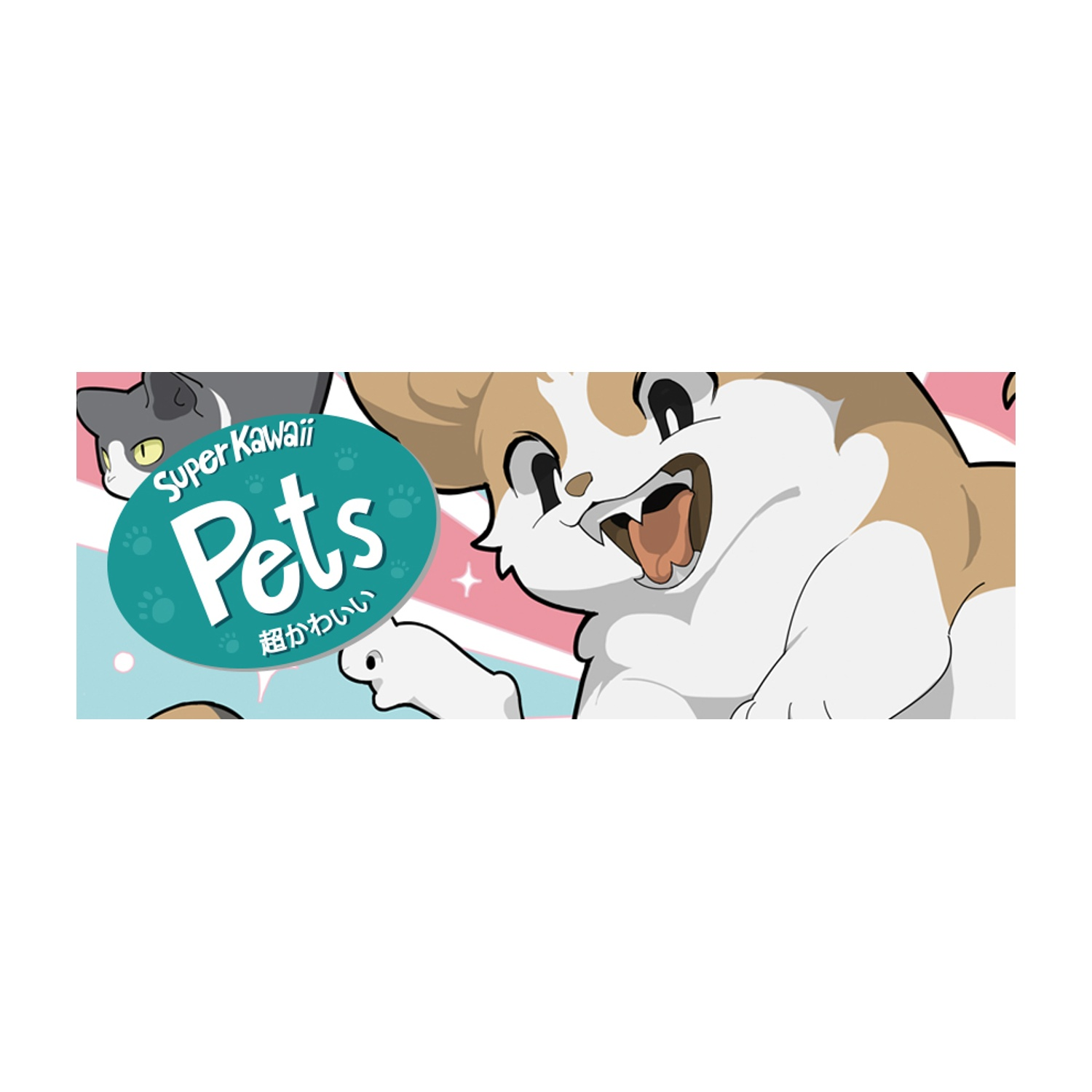 Immagine a cartoni animati con un cane e un gatto. Il cane è bianco e marrone, il gatto è grigio. Testo: Super Kawaii Pets.