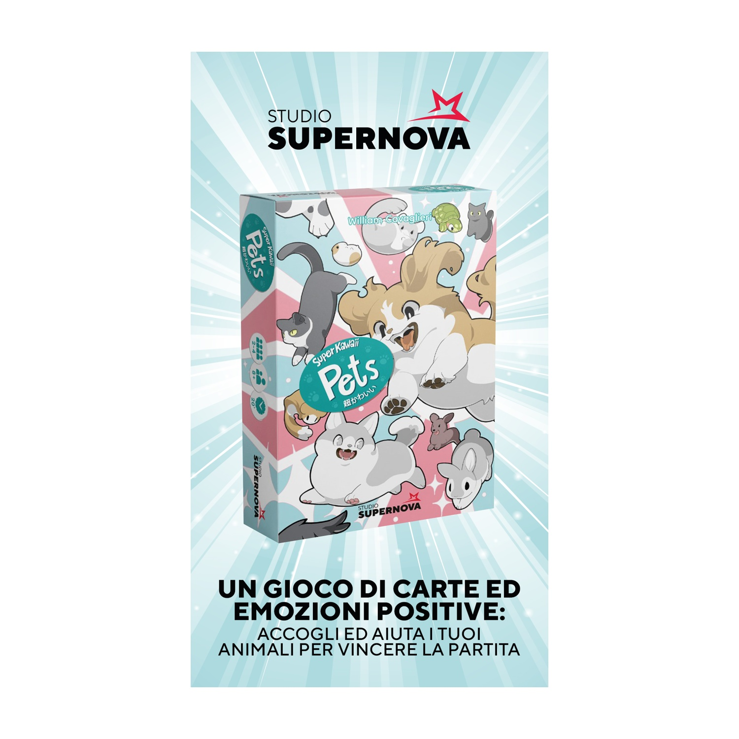 Una pubblicità per un gioco di carte chiamato 'Pets'. Mostra animali dei cartoni animati come gatti, cani e conigli. Testo: 'Un gioco di carte ed emozioni positive.'