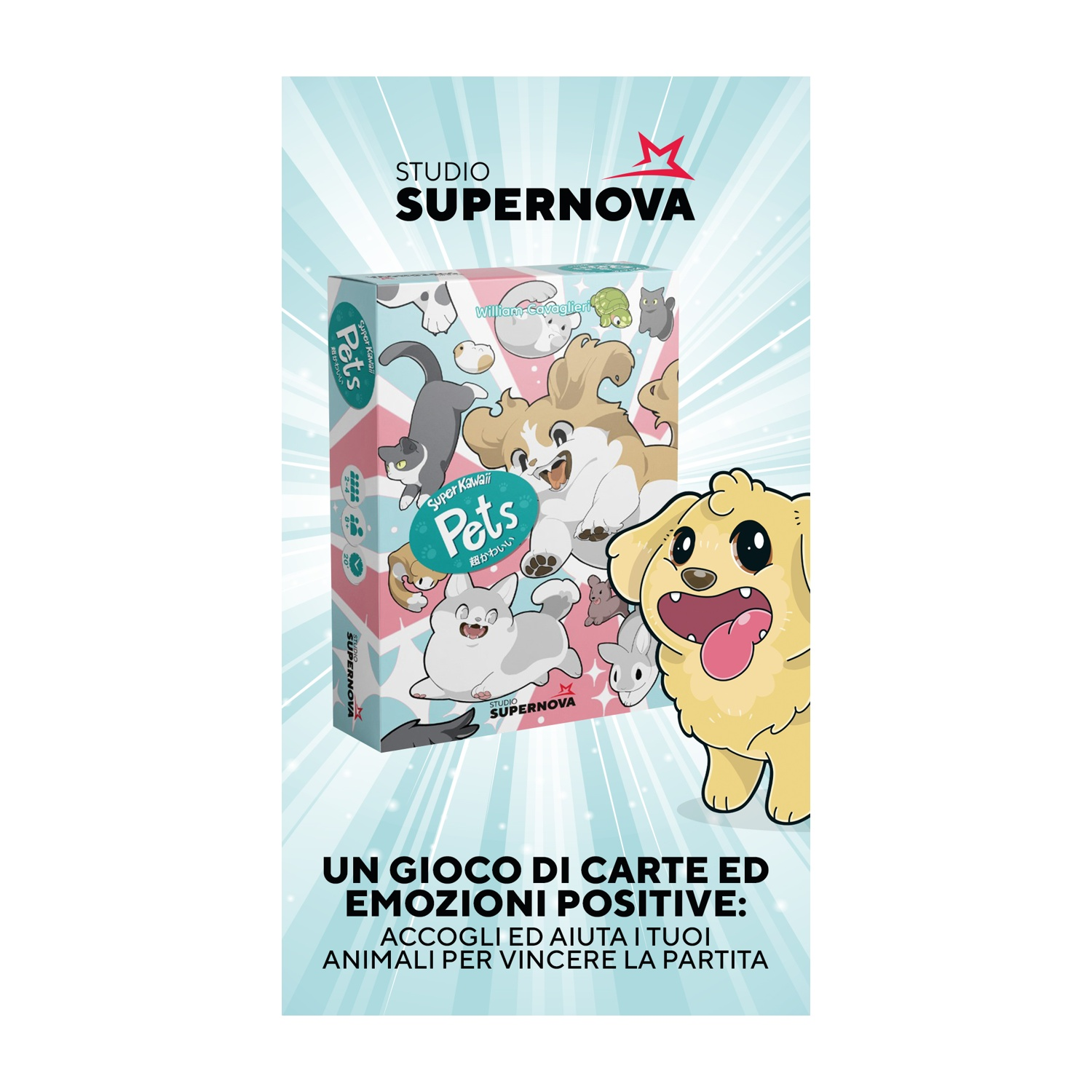 Una pubblicità per un gioco di carte con animali domestici dei cartoni animati. Un cane giallo sorride a destra. La scatola mostra vari animali.