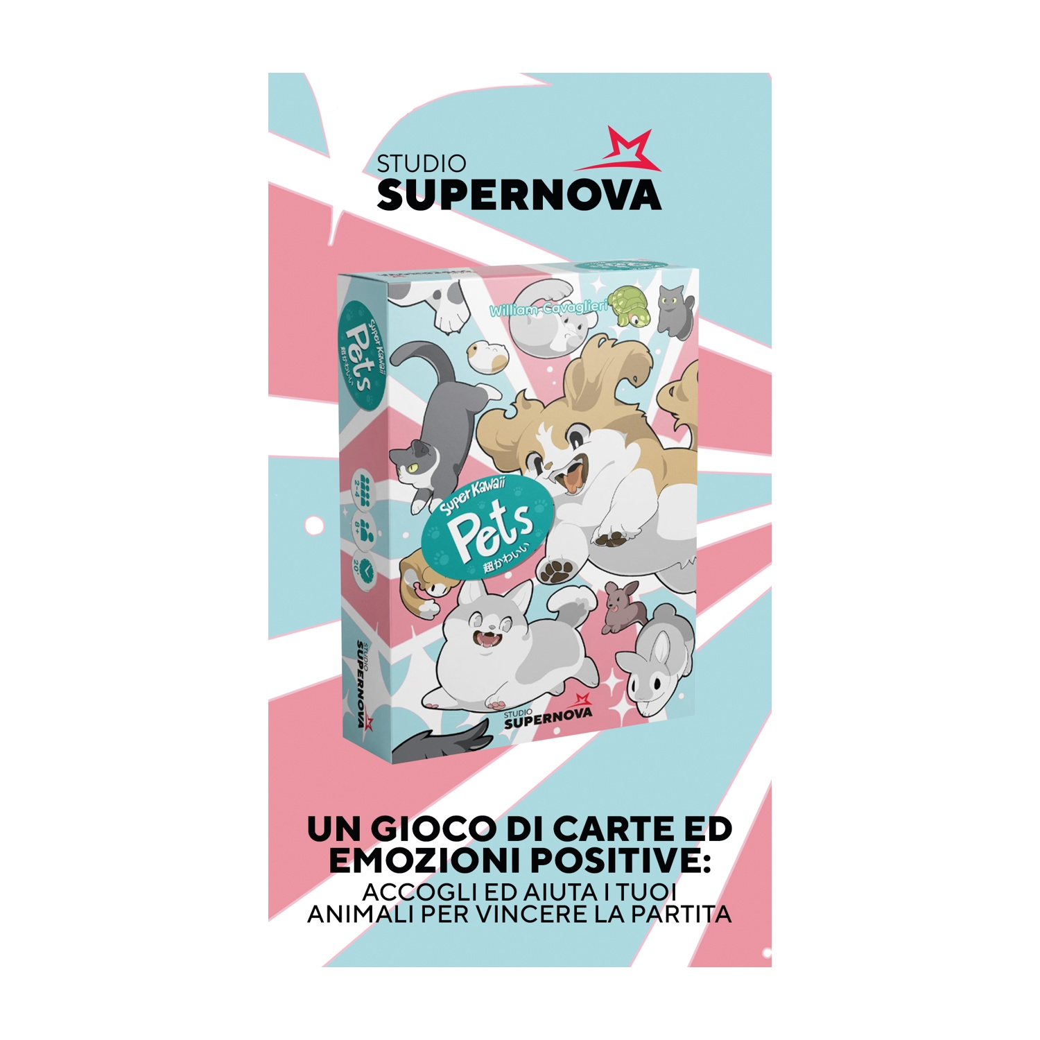 Artwork della scatola del gioco di carte 'Super Kawaii Pets'. Con animali domestici dei cartoni animati e un logo. Il testo recita 'Un gioco di carte di emozioni positive'.