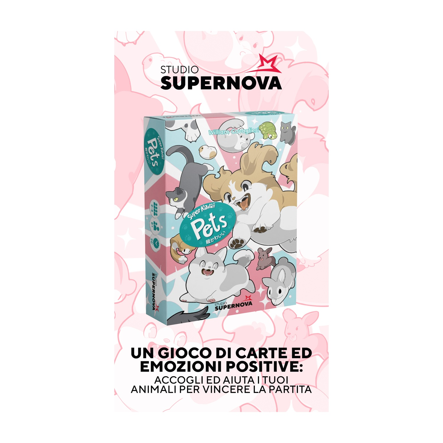 Una scatola di gioco con animali dei cartoni animati. La scatola dice Super Kawaii Pets. Il testo in basso dice 'Un gioco di carte ed emozioni positive'.