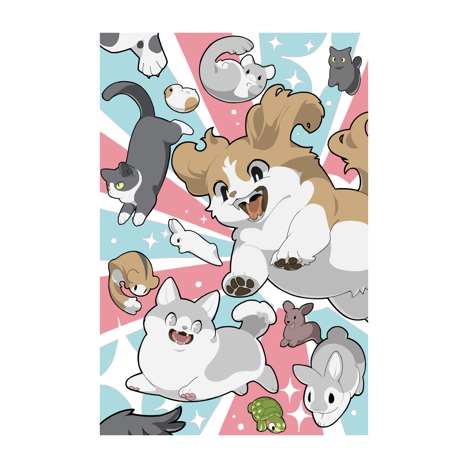 Animali dei cartoni animati: cane, gatti, conigli, scoiattolo e tartaruga su sfondo rosa, blu e bianco. Stelle e strisce.
