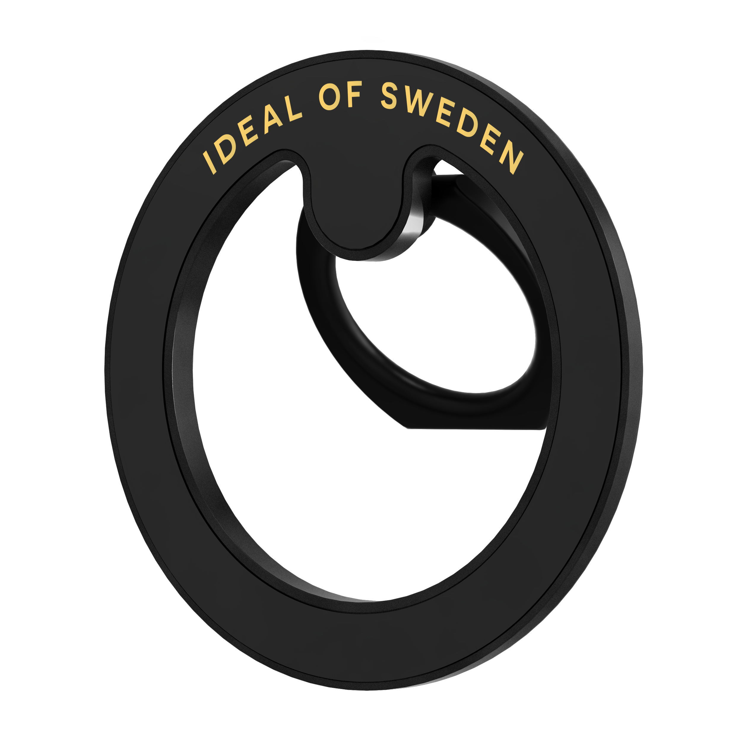 Schwarzer Ring mit goldenem Text 'IDEAL OF SWEDEN'. Der Ring befindet sich auf schwarzem Hintergrund. Zwei weiße Formen sind vorhanden.