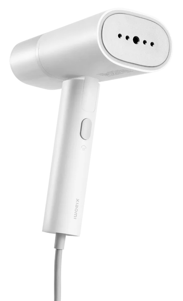 Białe, ręczne urządzenie do prasowania parą. Ma uchwyt, głowicę z otworami na parę i przewód zasilający. Marka to Xiaomi.