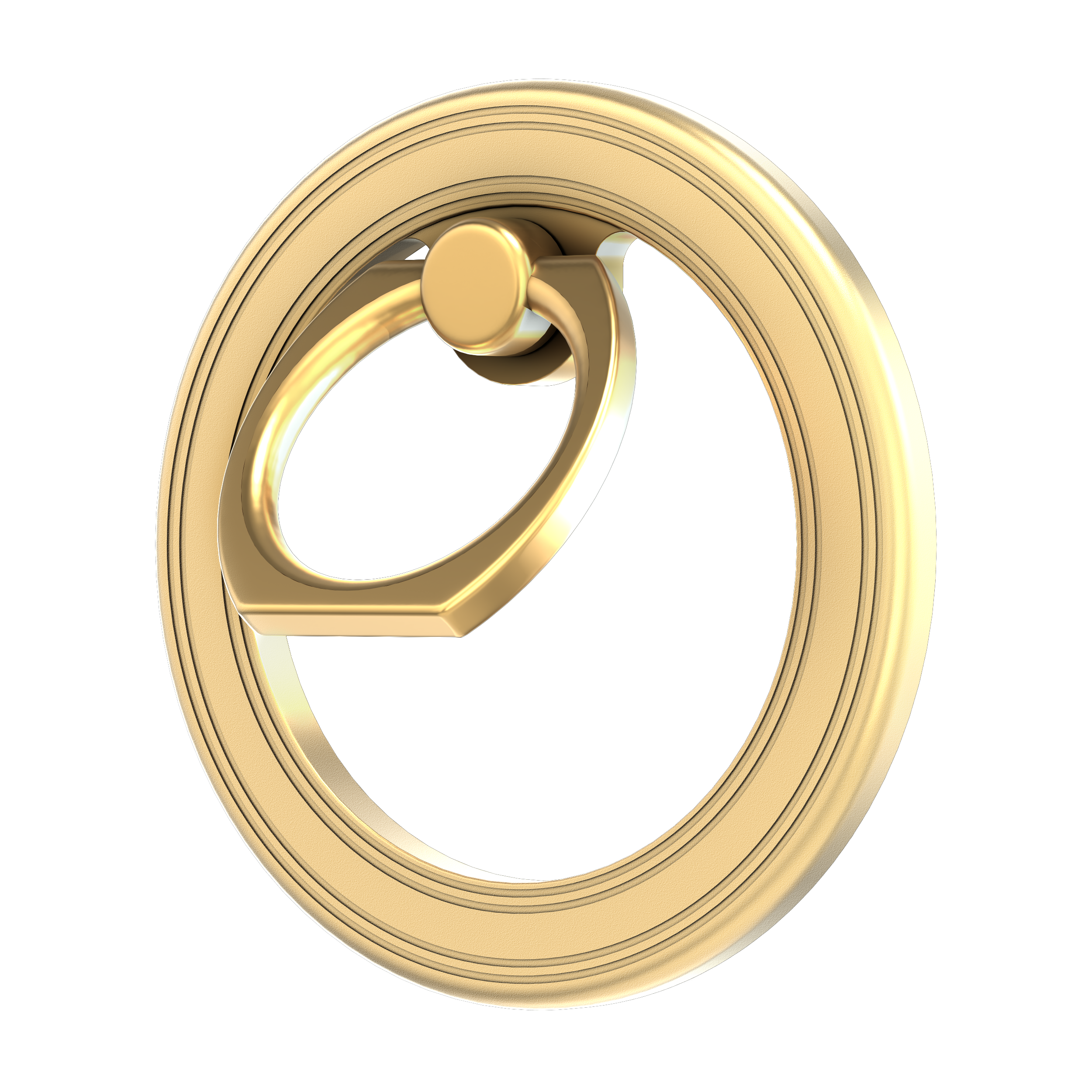 Ein goldener, ringförmiger Türgriff mit einem kleineren Ring im Inneren. Der Hintergrund ist schachbrettartig.