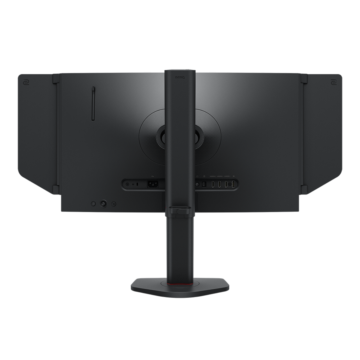 Back of a black monitor with stand. Ports and power input visible. BenQ logo at the top. The stand has a red accent.