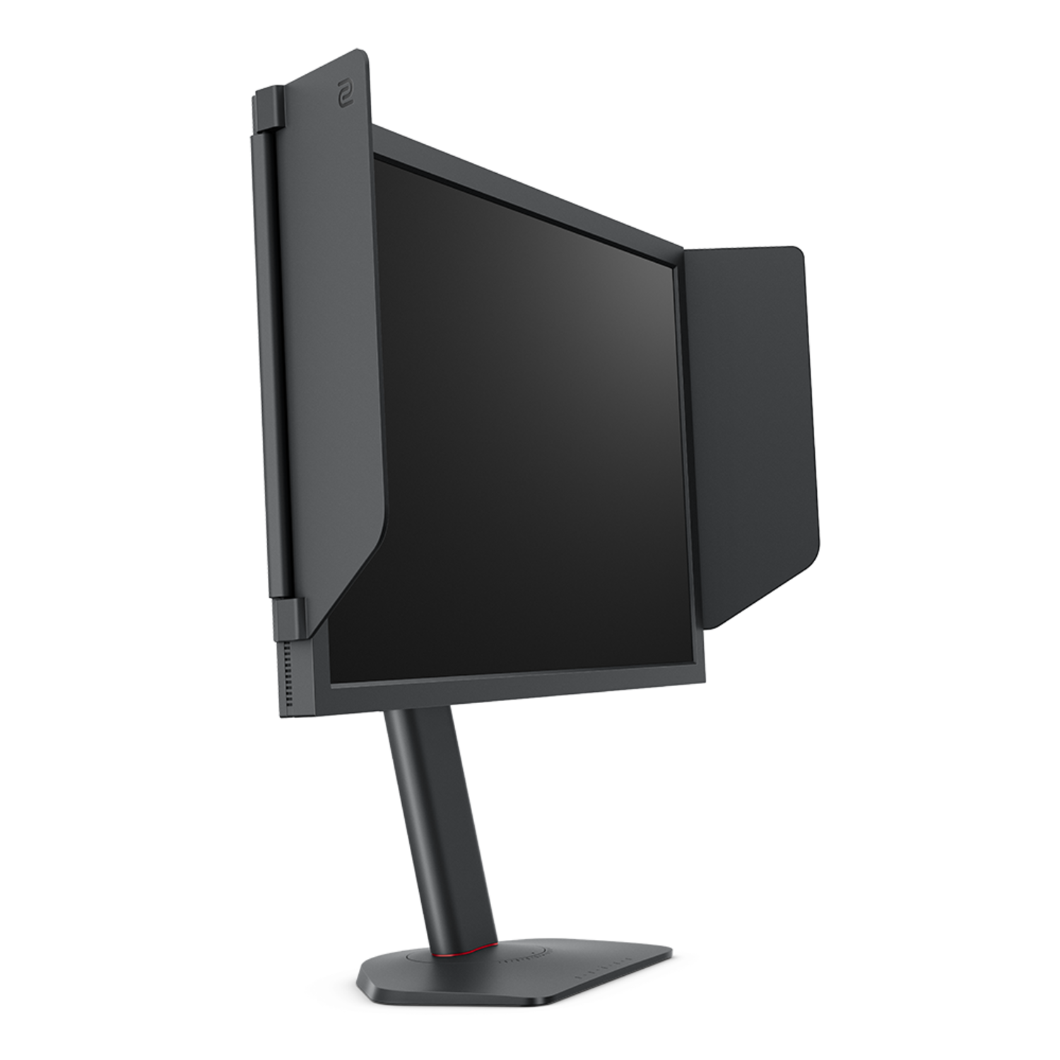 A black computer monitor with side shields on a black stand. The base has a red accent, the background is black.