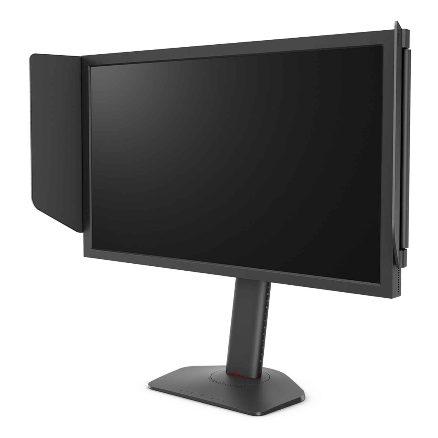 A black computer monitor with a screen shade is on a black stand. The screen is black and the background is black.