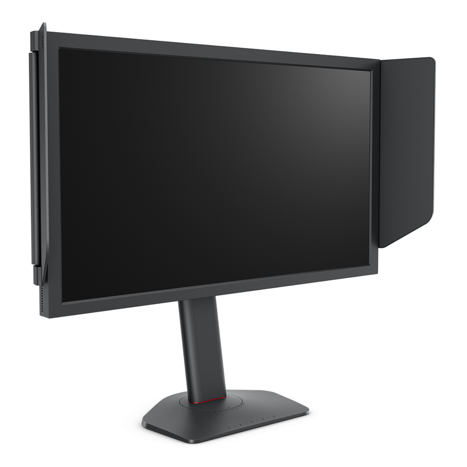 A black computer monitor with a screen shade stands on a black stand against a black background. Red accent on the stand.