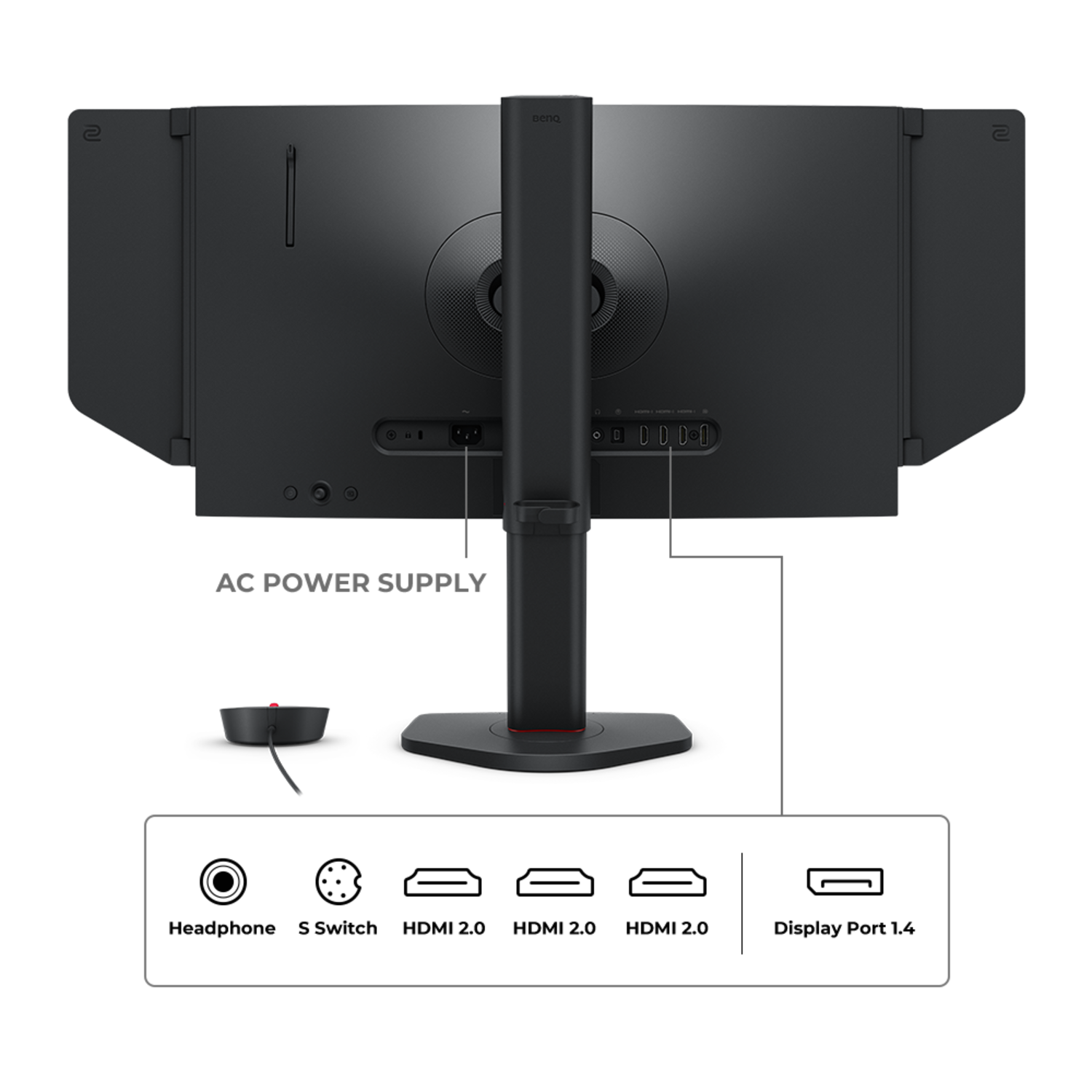 The back of a black BenQ monitor. It shows power and connection ports, and a remote control. The base has a red accent.