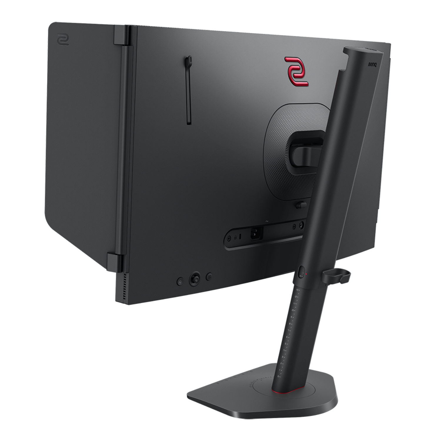 Black BenQ monitor back view. Red logo and details on the stand. Black background, focus on the monitor's design and ports.